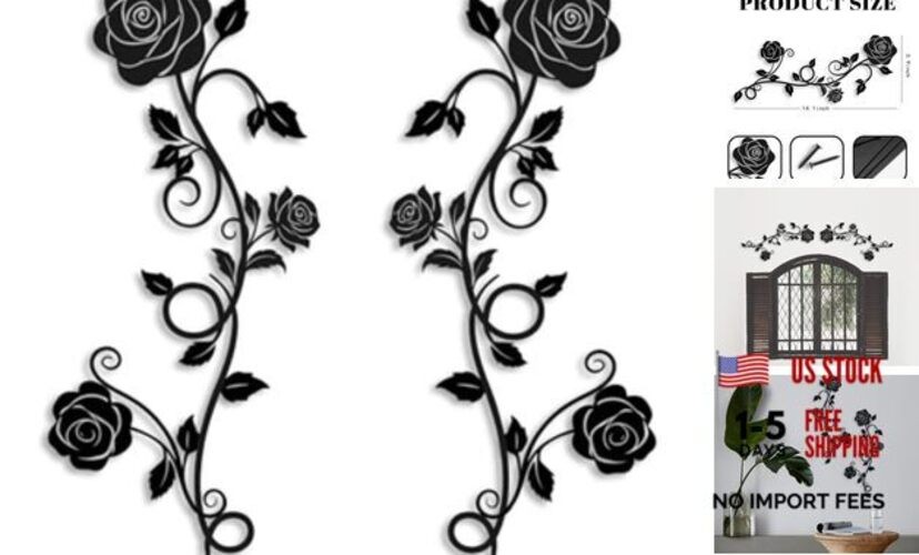 2 Pieces Metal Flower Wall Art Modern Vintage Rose Floral Branch Wall Black
