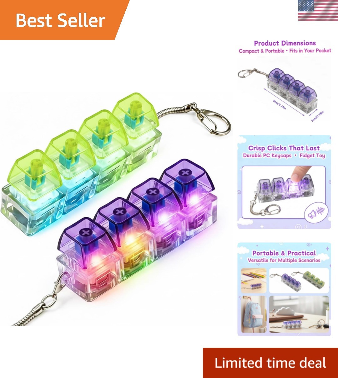 Keyboard Fidget Toy, Keyboard Clicker with LED Light, Keyboard Fidget Keychai...
