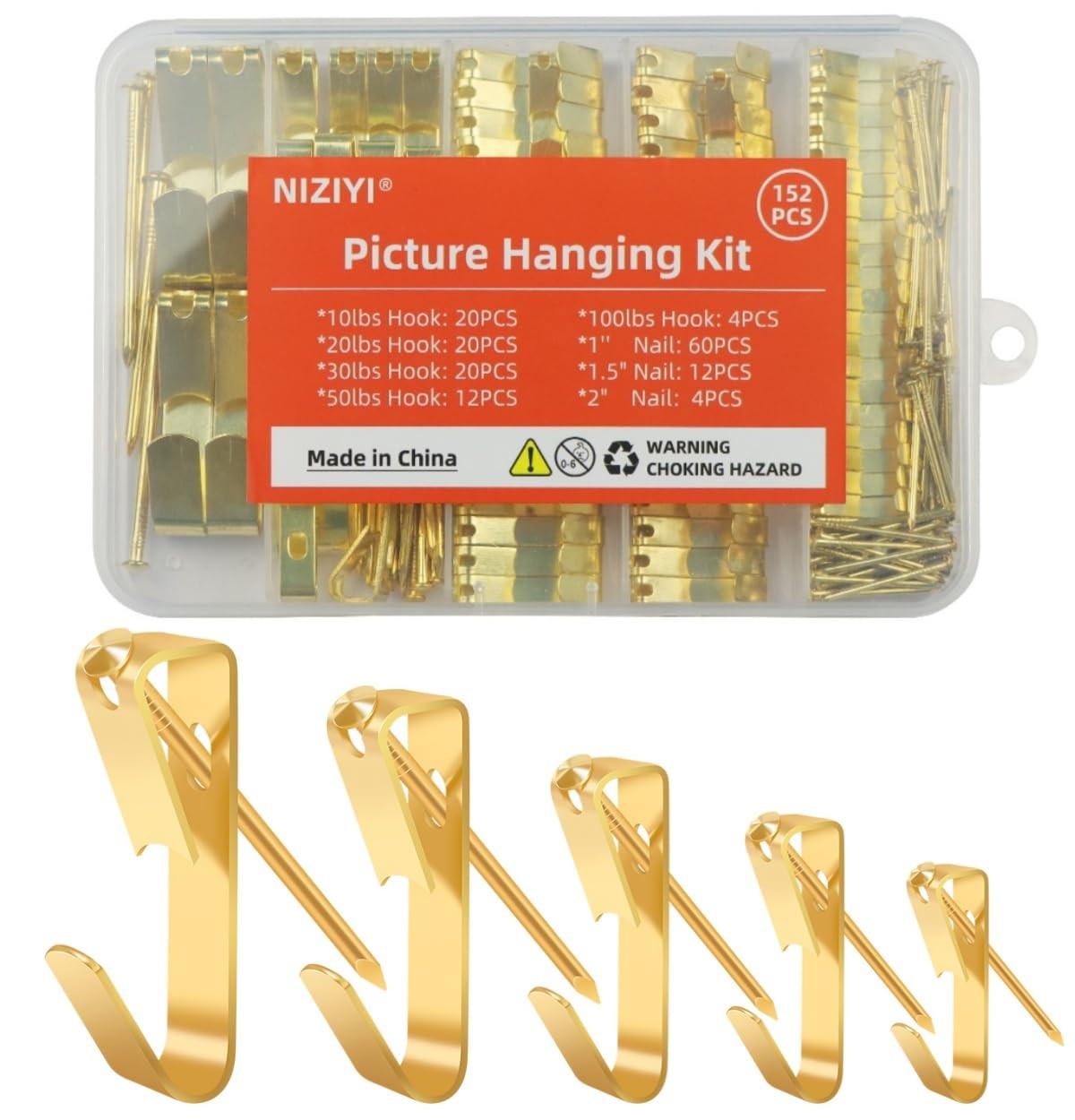 152Pcs HeavyDuty Picture Hangers Hooks Nails 10lb100lb for Wall Art Mounting