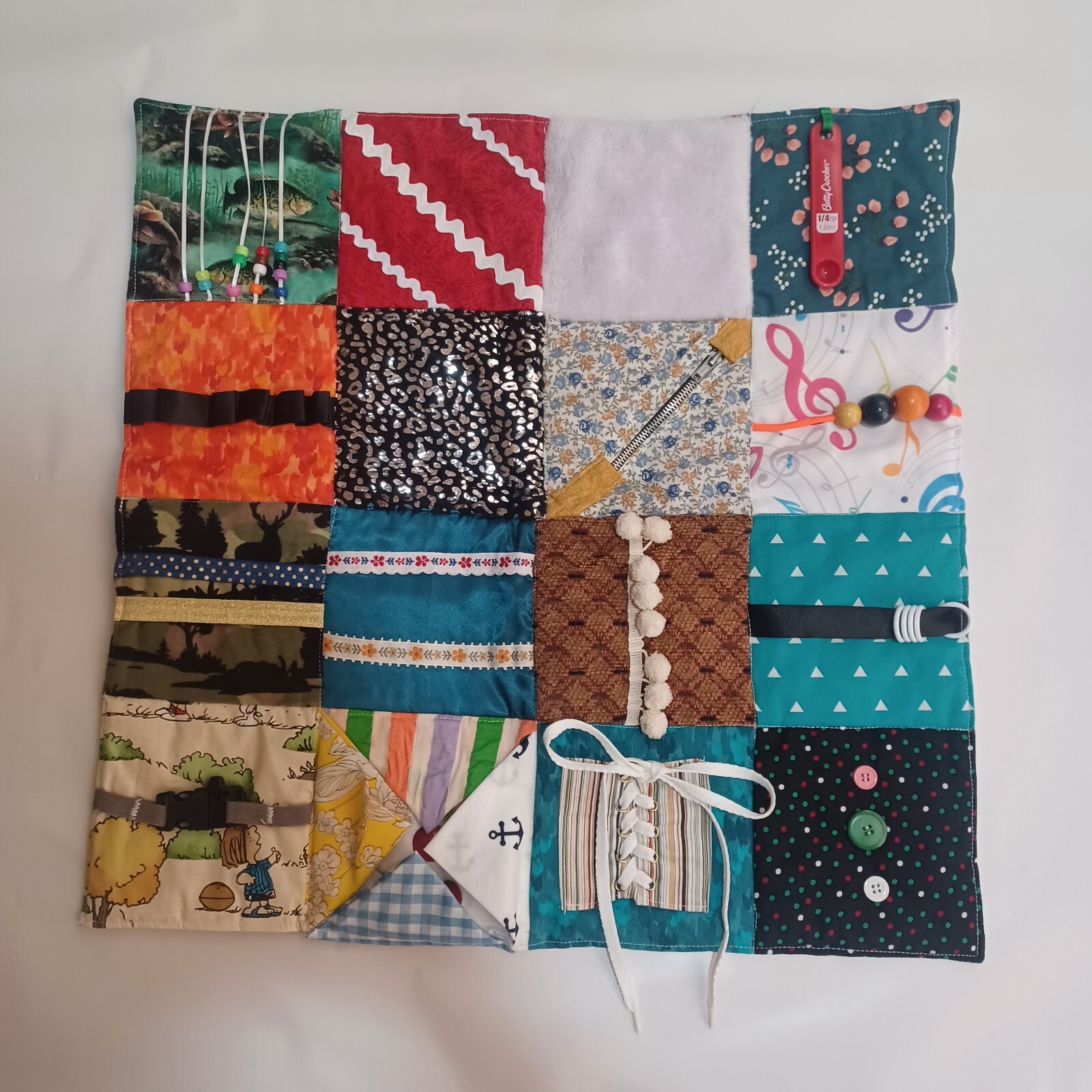 Homemade Play Time Gadget Quilt Blanket Button, Zipper, Tie, Beads  21.5X21.5