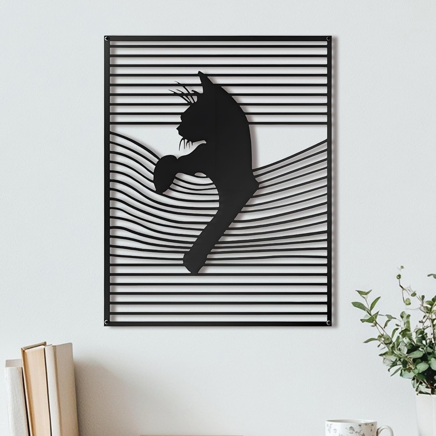 "3D Black Cat Metal Wall Art, Minimalist Abstract Decor for Home, Waterproof "