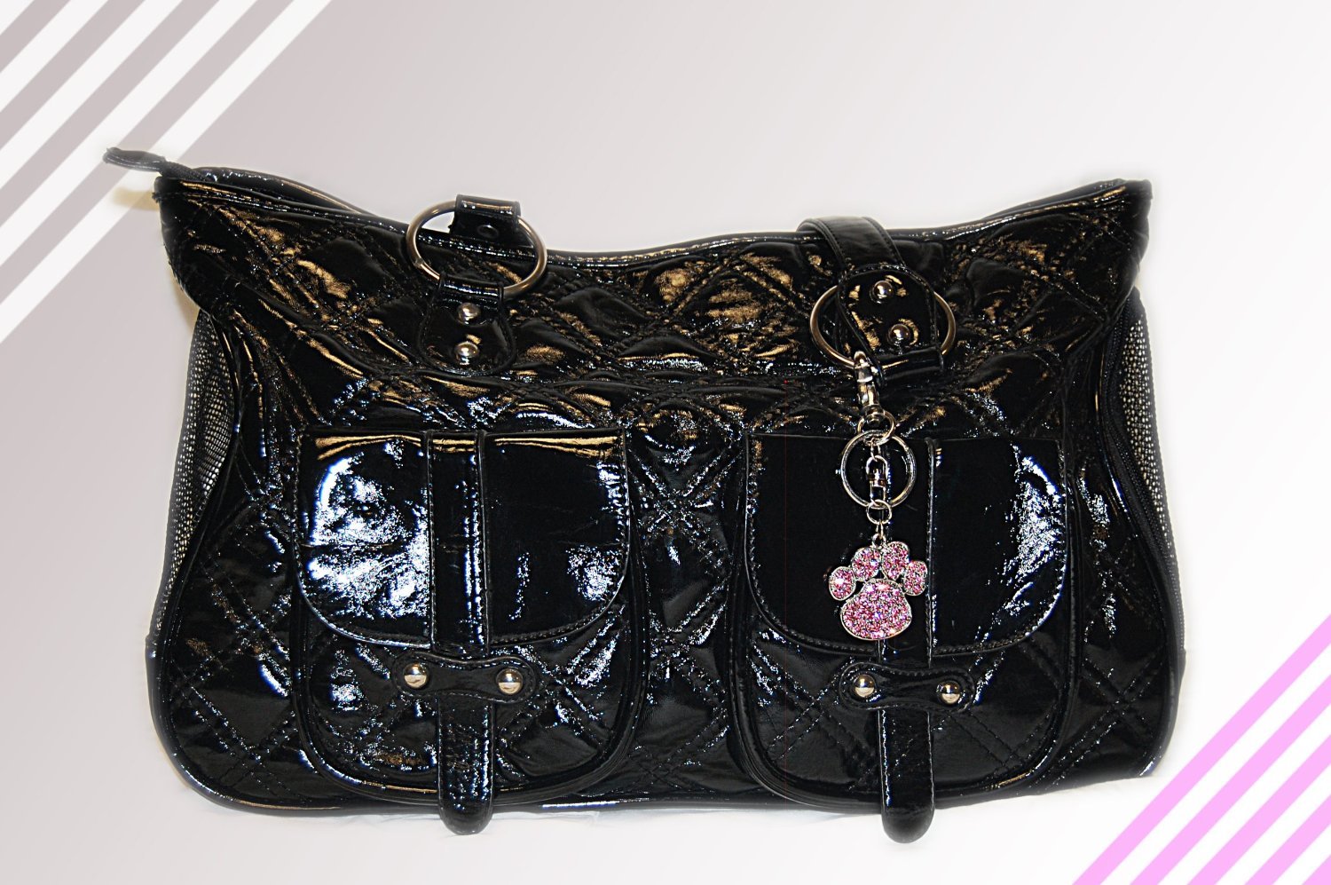 New Designer Faux Leather Trim Purse Stylish Buckle Accents Pet Carrier Tote 150