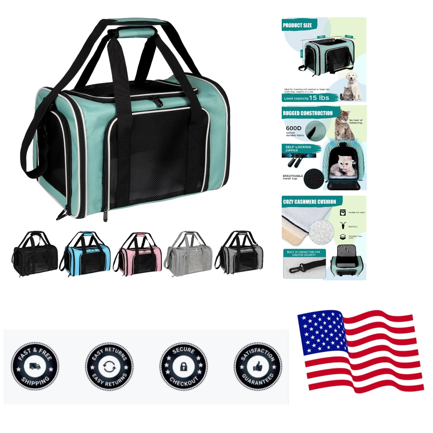 Stylish Portable Pet Carrier for Cats & Small Dogs, Breathable Design - 18"x11"