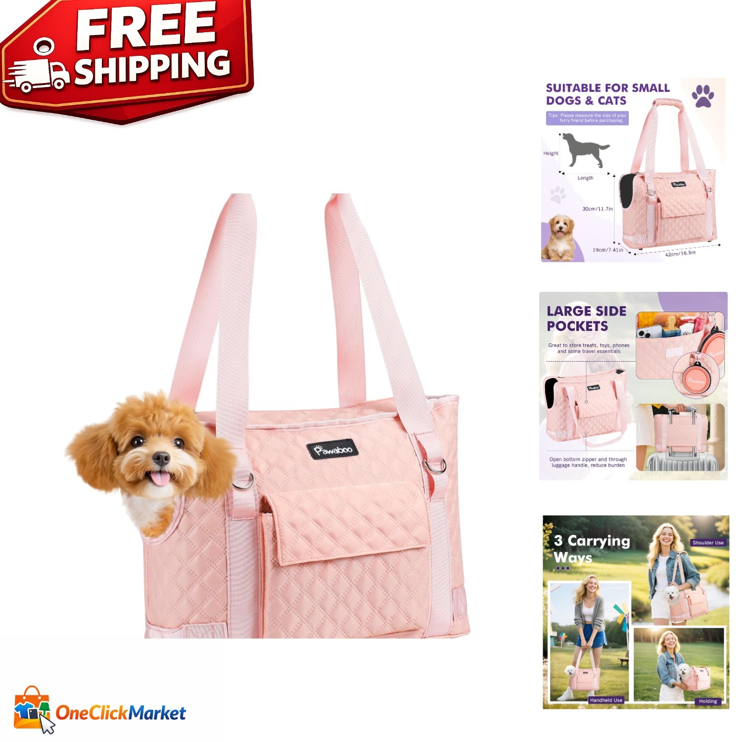 Stylish Small Pet Travel Carrier with Storage Pockets - Lightweight Pink Design
