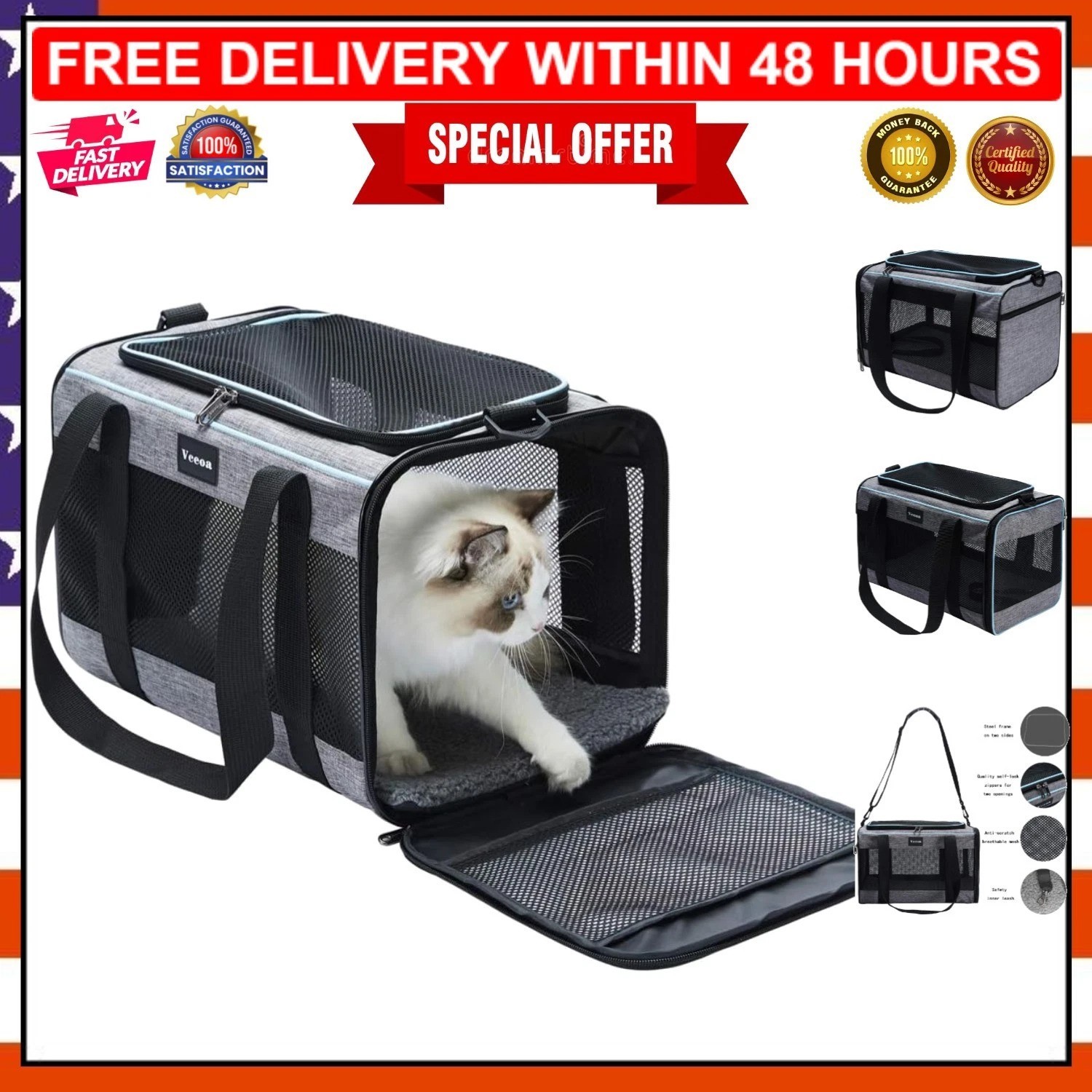 Stylish Soft Pet Carrier with Zipper Entry - Collapsible Design for Cats & Dogs