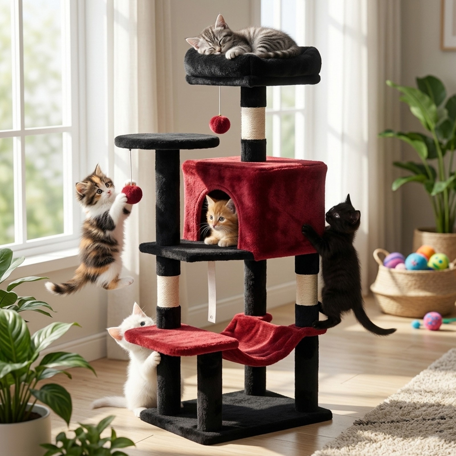 44" Cat Tree Tower, Multi-Cat Condo with Hammock & Sisal Scratching Posts