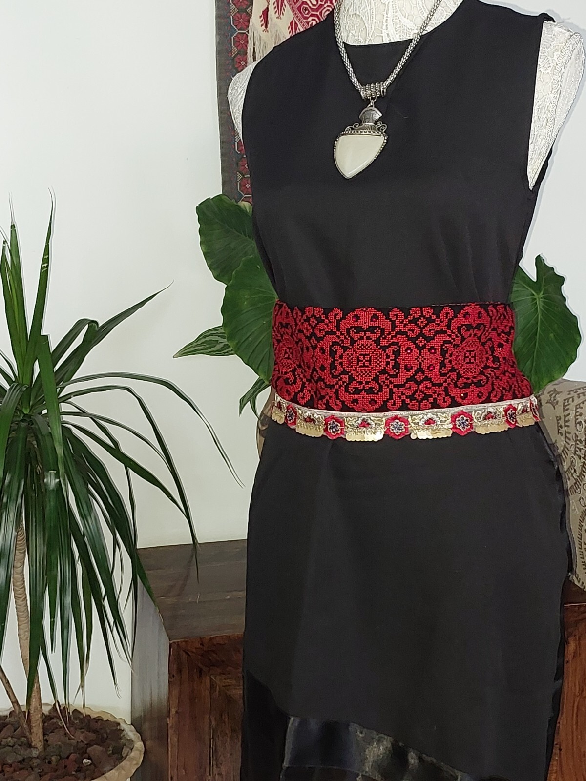 Handmade Women black Dress with Handmade Embroidery Red Belt