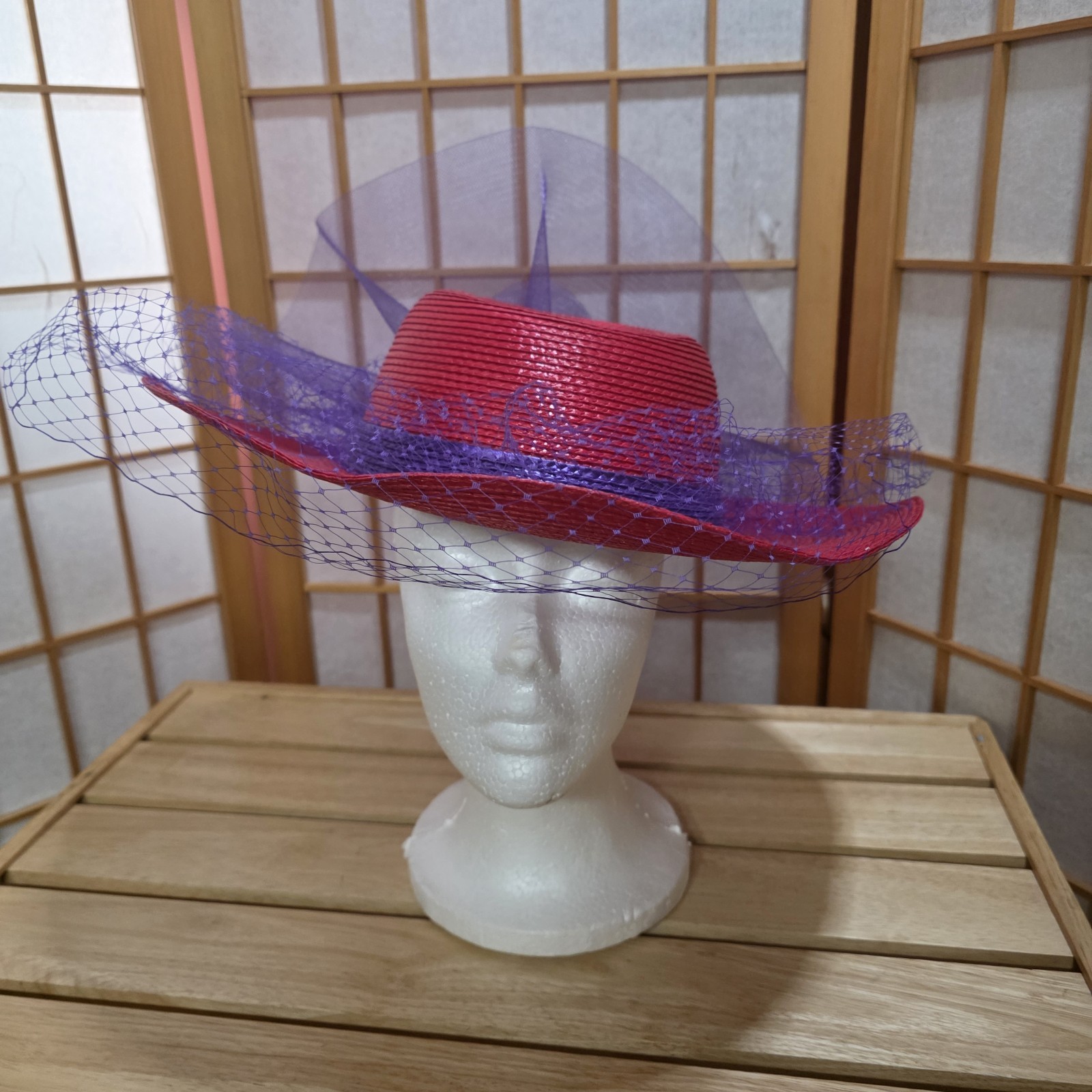 Elegant Red Wide Brim Formal Church Hat Tulle Dress Derby Tea Party