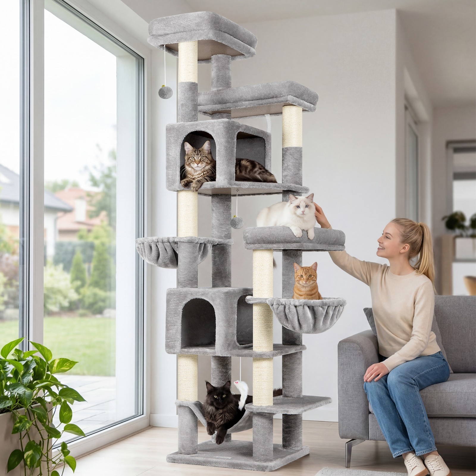 82 Inch Tall Cat Tower for Multi-Cat Household, Big Cat Tree with 2 Hammocks