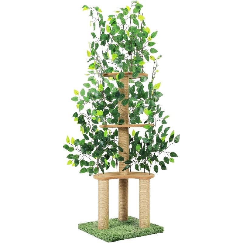 60in Tall Cat Tower with Leaves, Cat Tree w/Scratching Post for Climbing, Hiding
