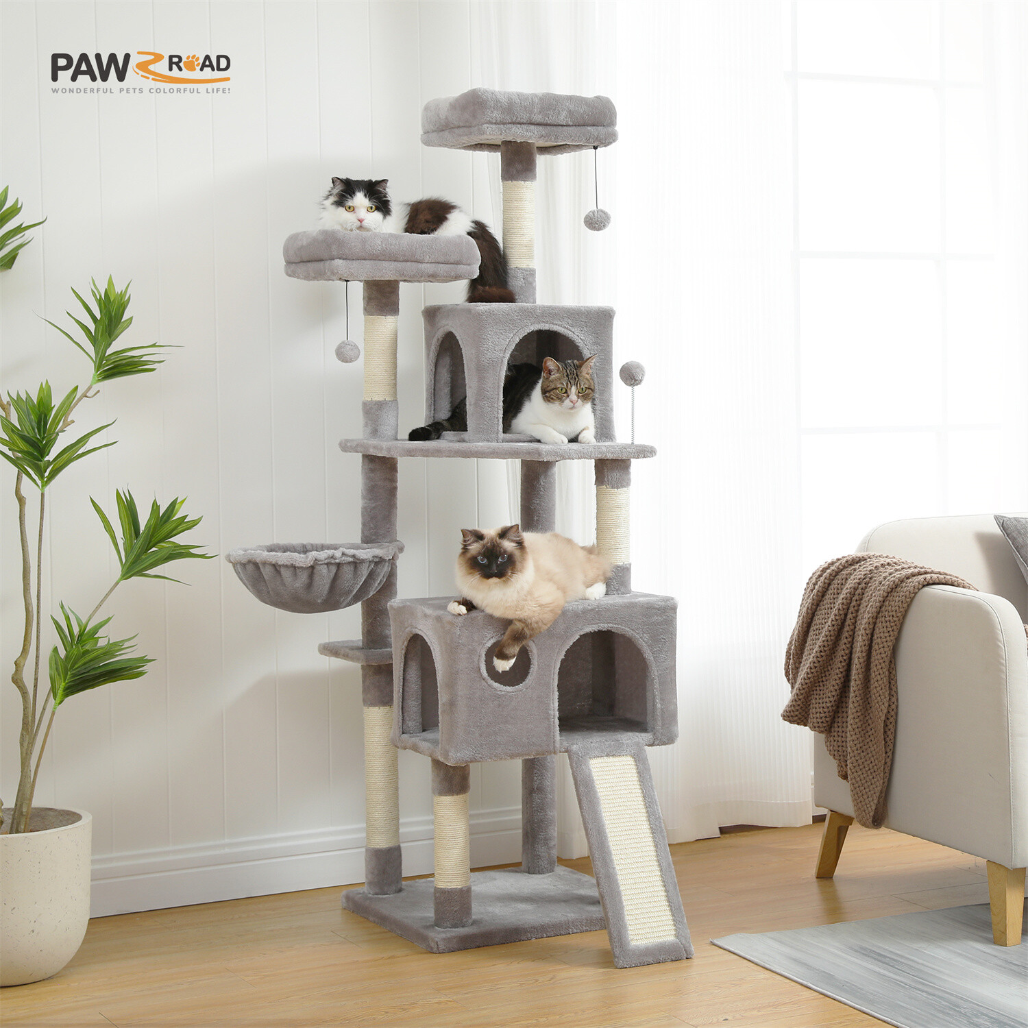 PAWZ Road 64" Cat Tree Tower Condo House Scratching Post for Large Cats Bed Toys