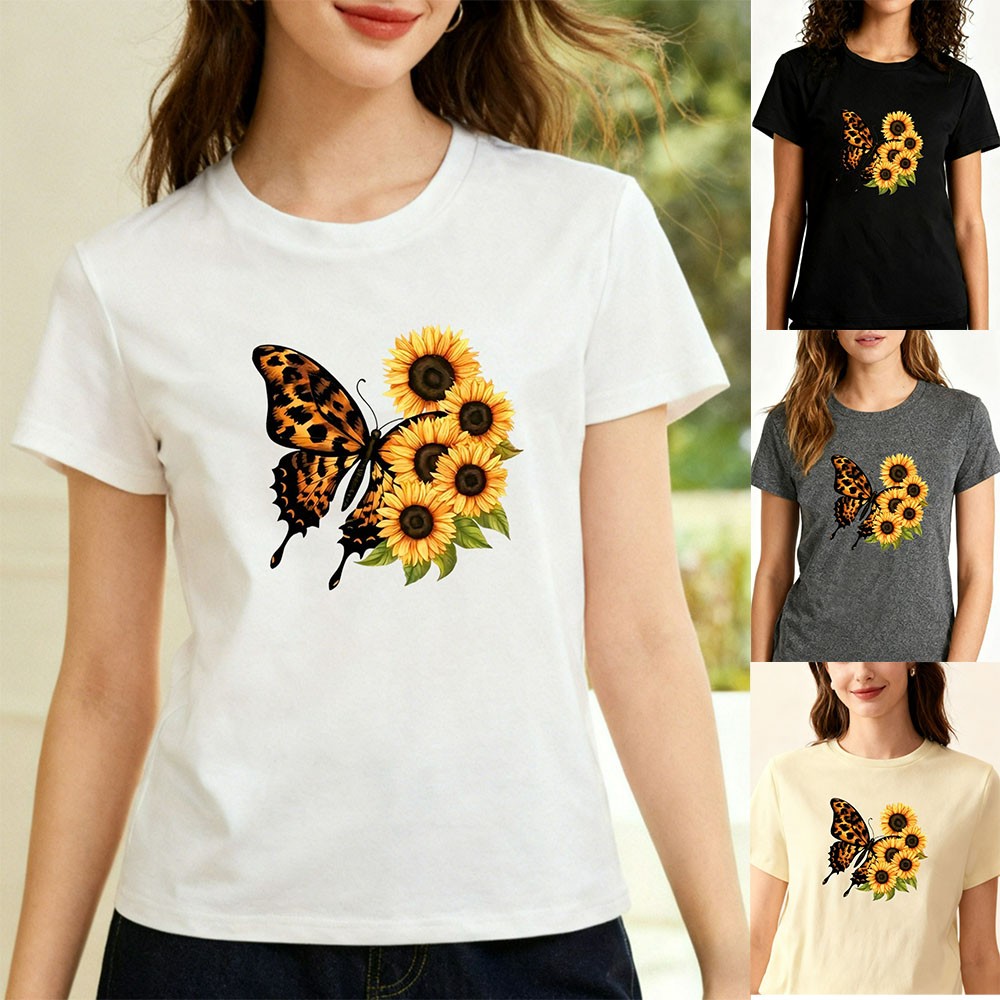 Leopard Butterfly Sunflower Graphic Tee W Trendy Casual Fashion Soft T-shirt Top
