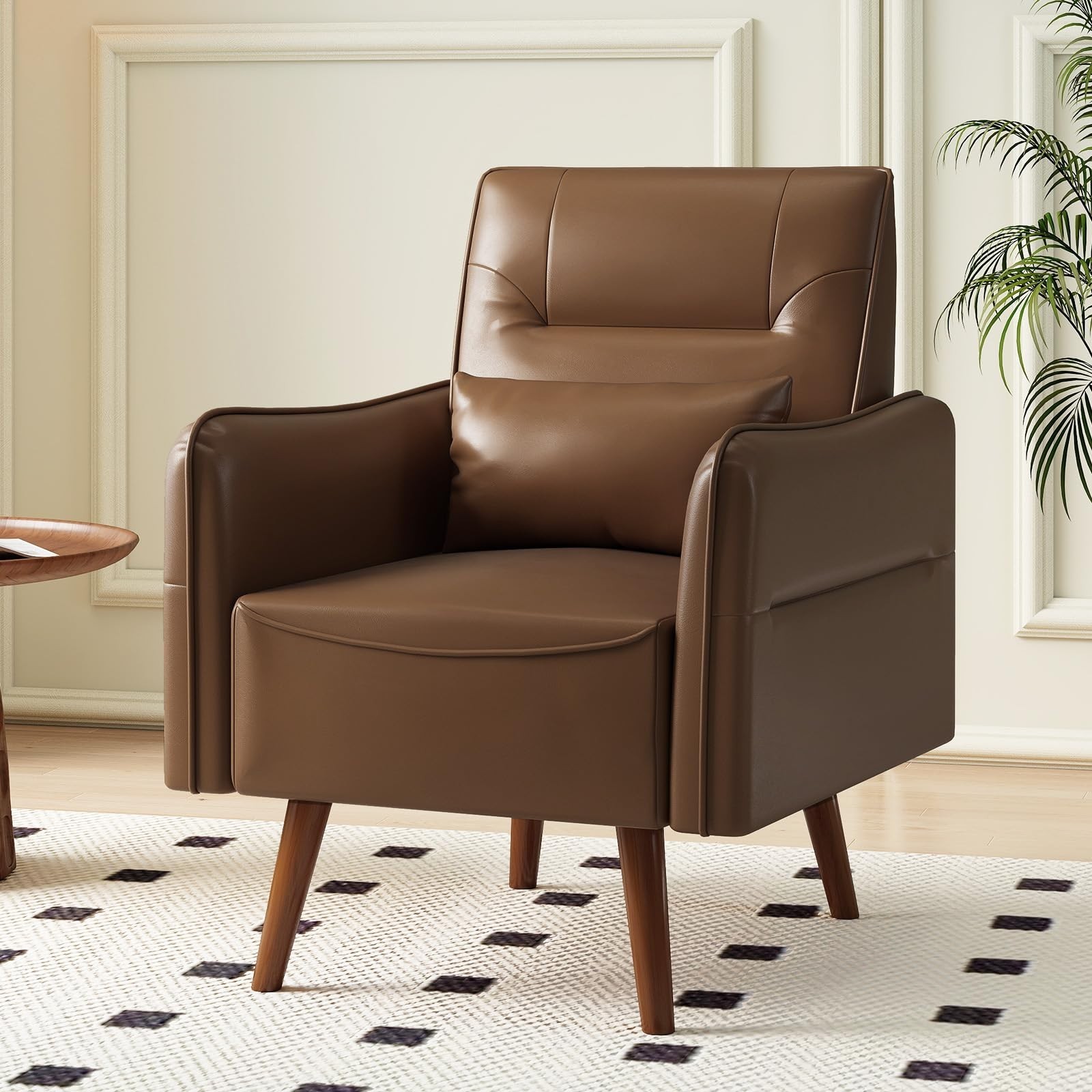 Canmov Faux Leather Accent Chair for Living Room, Upholstered Armchair w/ Pillow