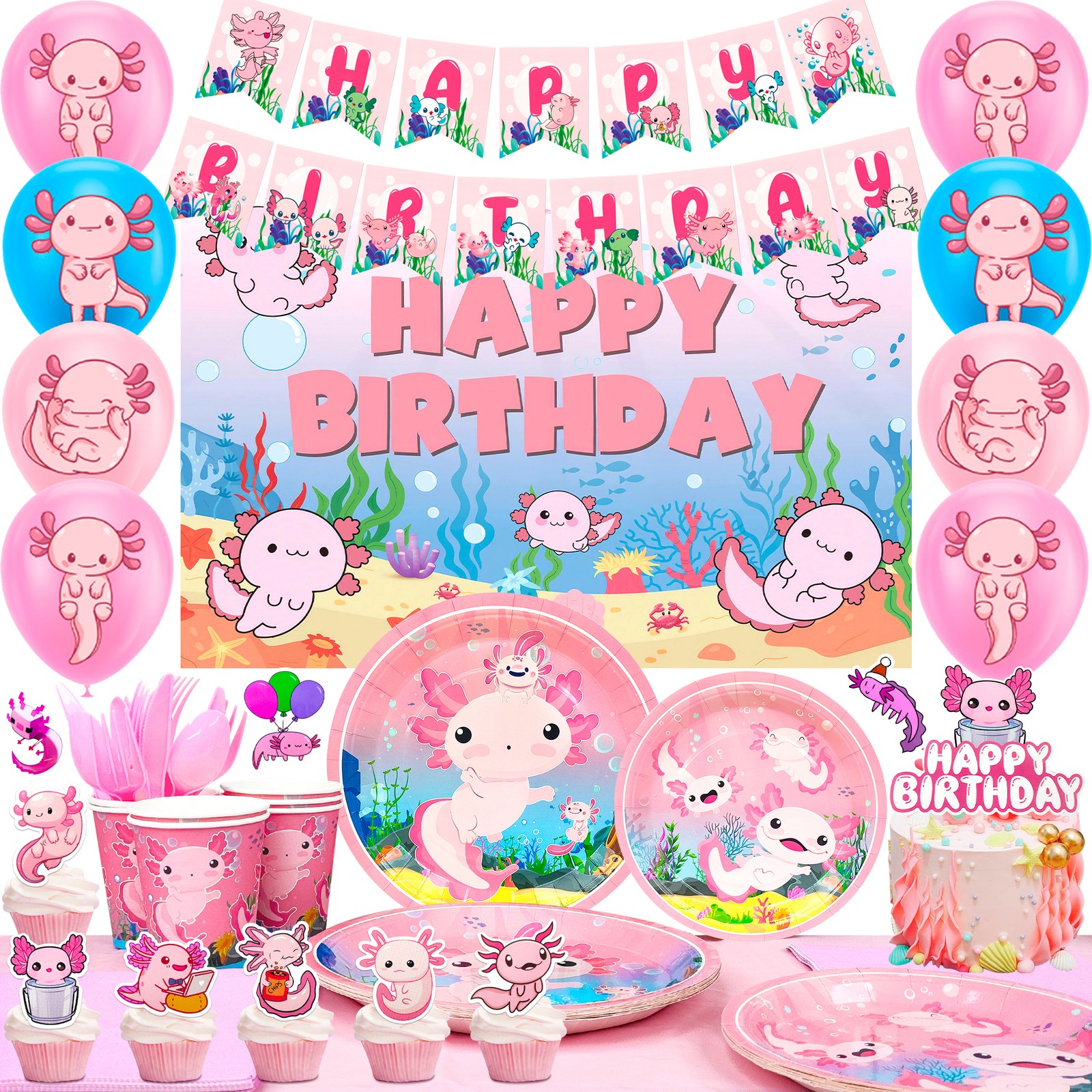 162 Pcs Cute Axolotl Party Decor Pink Axolotl Birthday Supplies Balloons Plates
