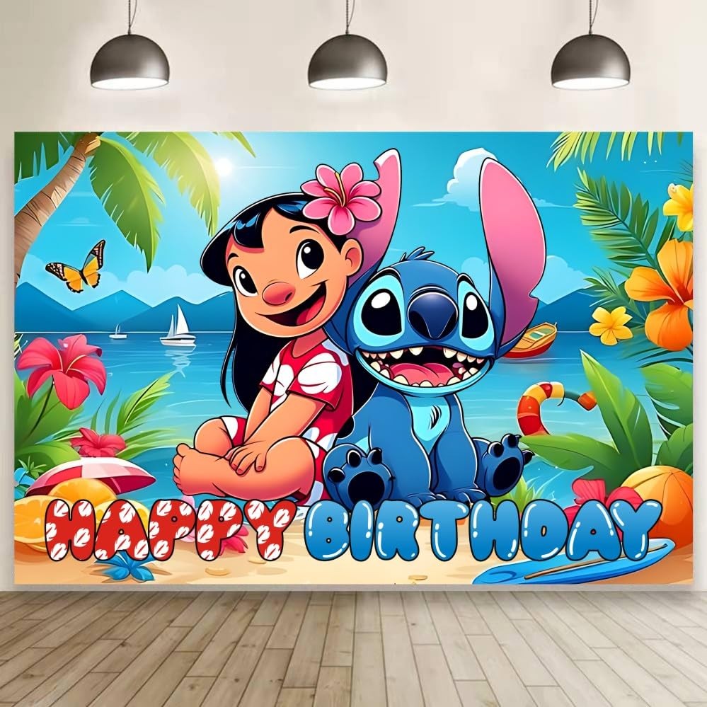 Wall Decor Backdrop for Stitch Birthday Decorations, Cute 5x3.25 feet, blue 