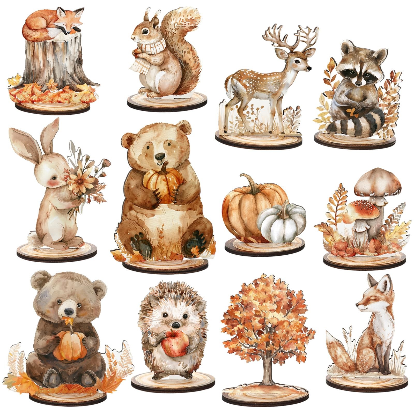 12Pcs Fall Woodland Animal Wood Table Sign Centerpiece Tiered Tray Decor Cute...