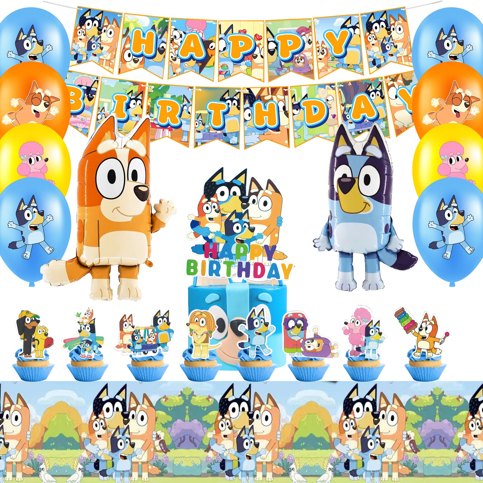 Cute Bluey Party Decoration Kids Birthday Banner Balloon Cake Toppers Tablecloth