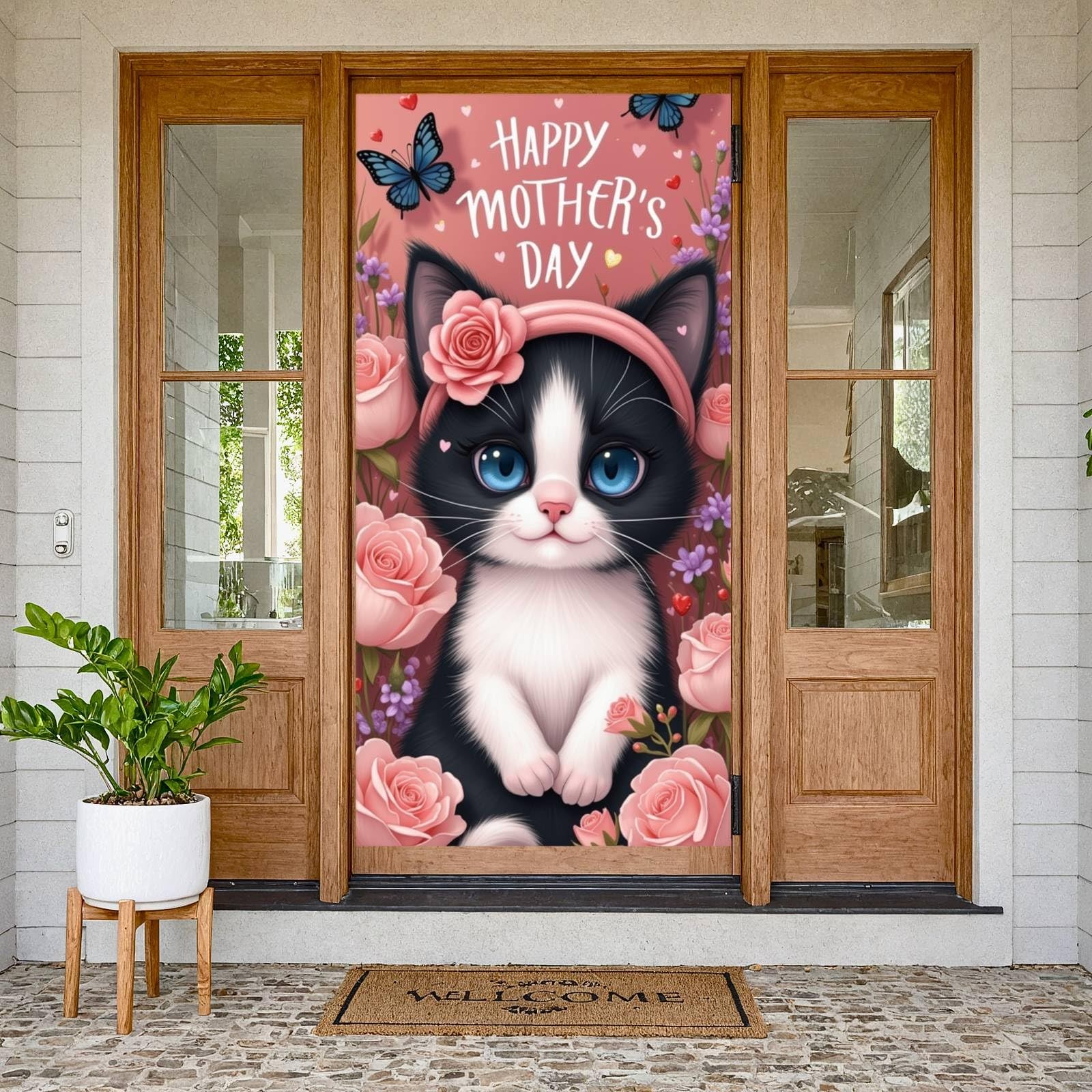 Mothers Day Door Cover Happy Mothers Day Door Banner Decorations Cute Black Cat 