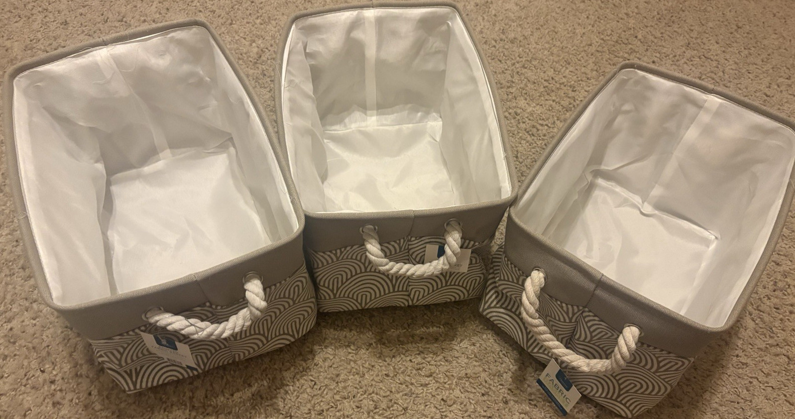 Interiors by Design Fabric Storage Baskets Set of 3 Tan White Geometric 15x10x…