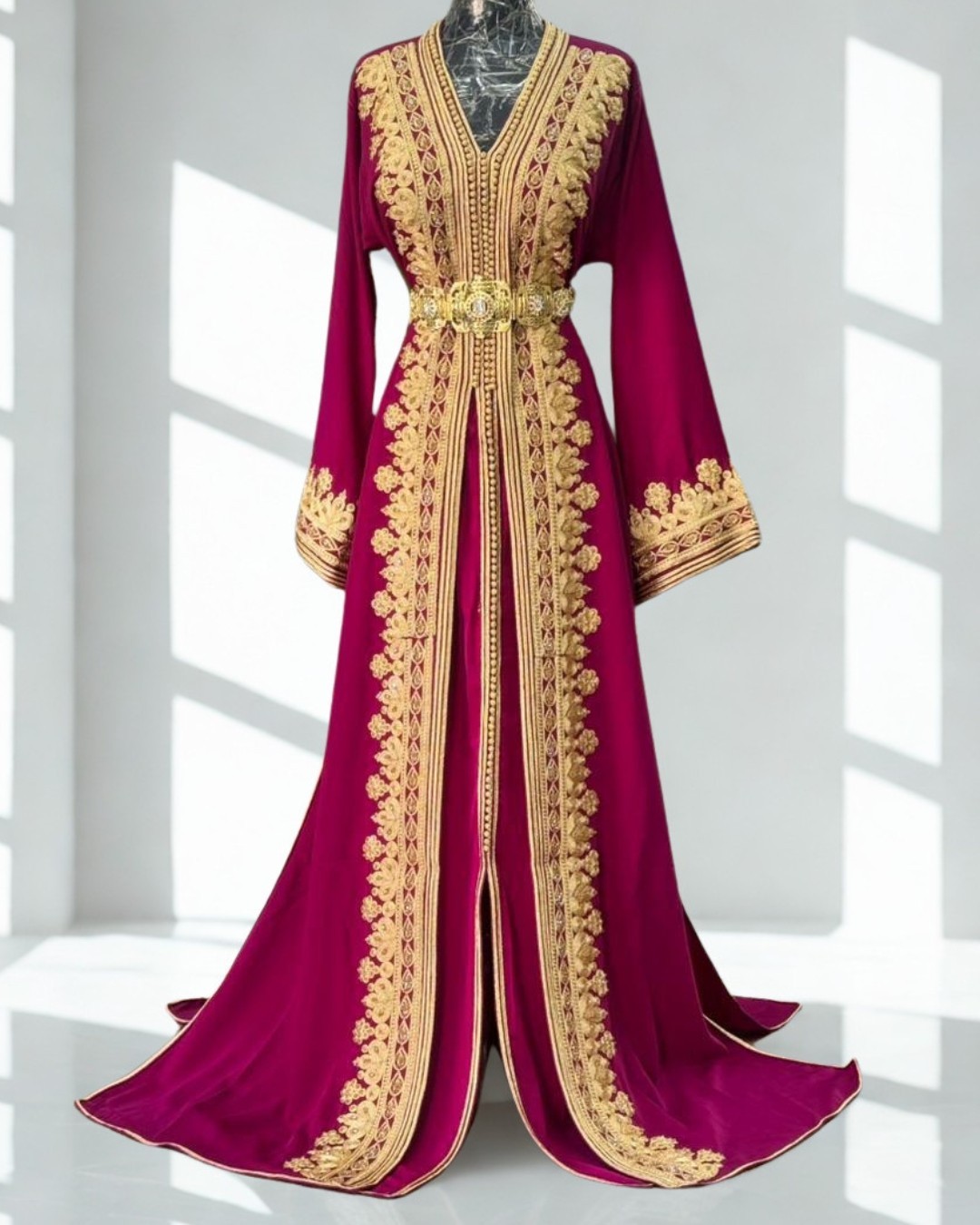Elegant Fuchsia Moroccan Takchita | Haute Couture Two-Piece Kaftan | Golden Roya