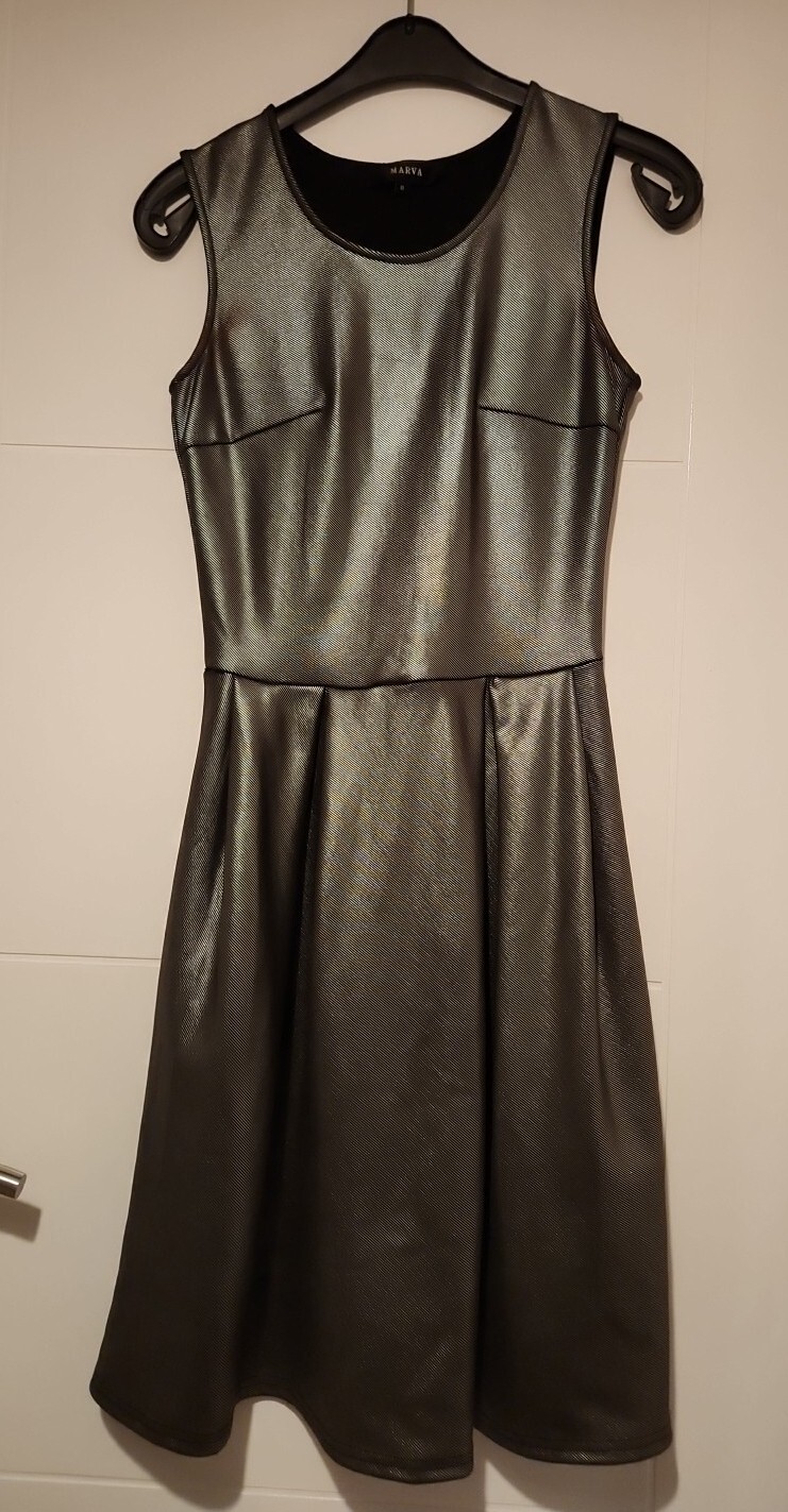 MARVA LADIES METALLIC SILVER WET LOOK SLEEVELESS FIT FLARE PARTY EVENING DRESS 8