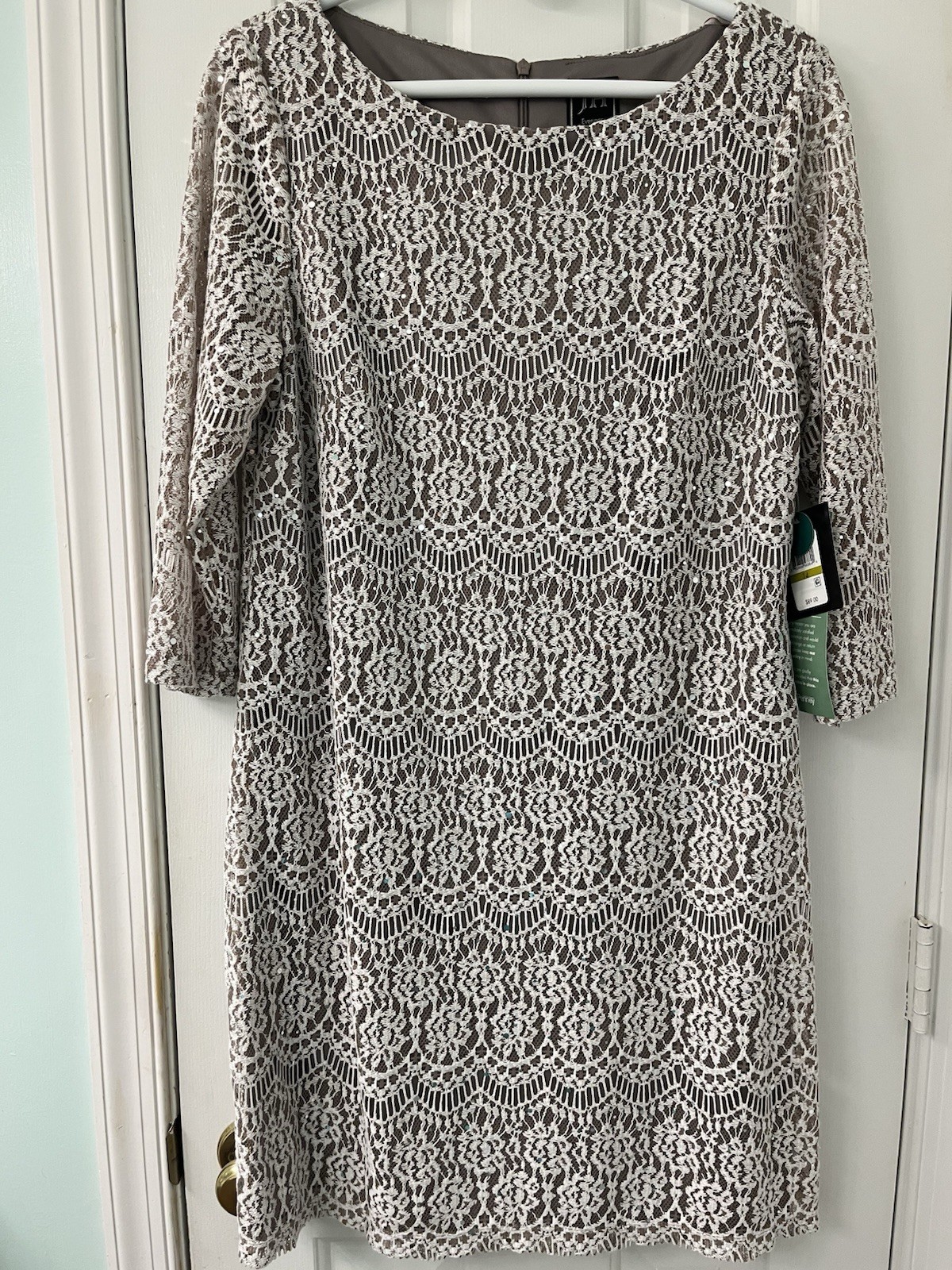 JH Evenings Dress 14, Just Beyond Elbow Sleeve, Taupe Lining, Cream Crochet Look