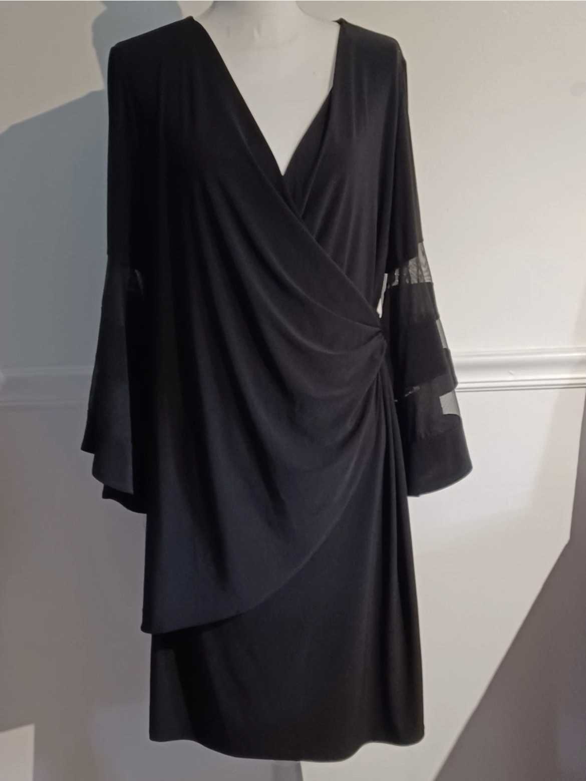 R&M Richards Women's Size 16  Dark Grey Wrap Look Bell Sleeve Cocktail Dress