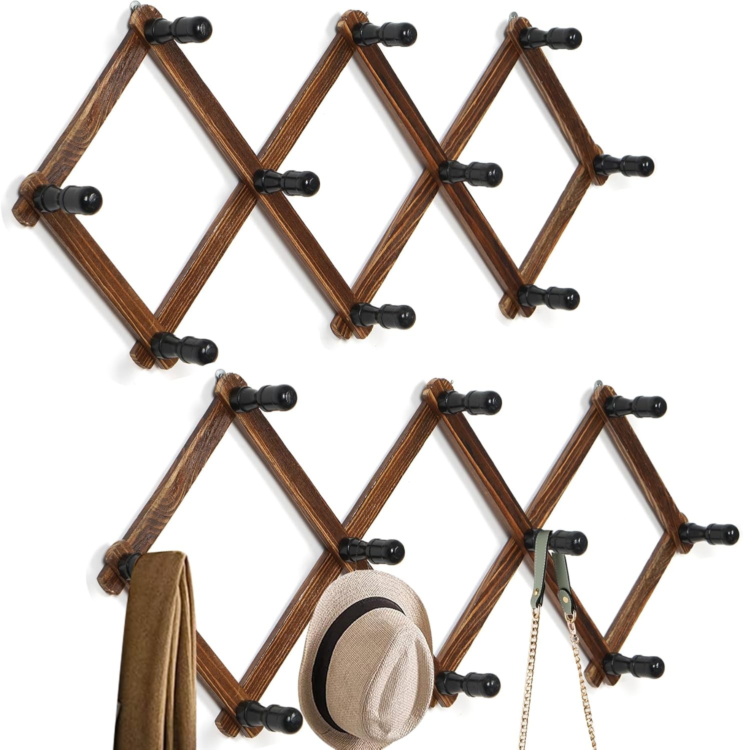 2 Pack Expandable Coat Rack Accordion Wall Hangers Wooden Hat Rack Wall Mounted 