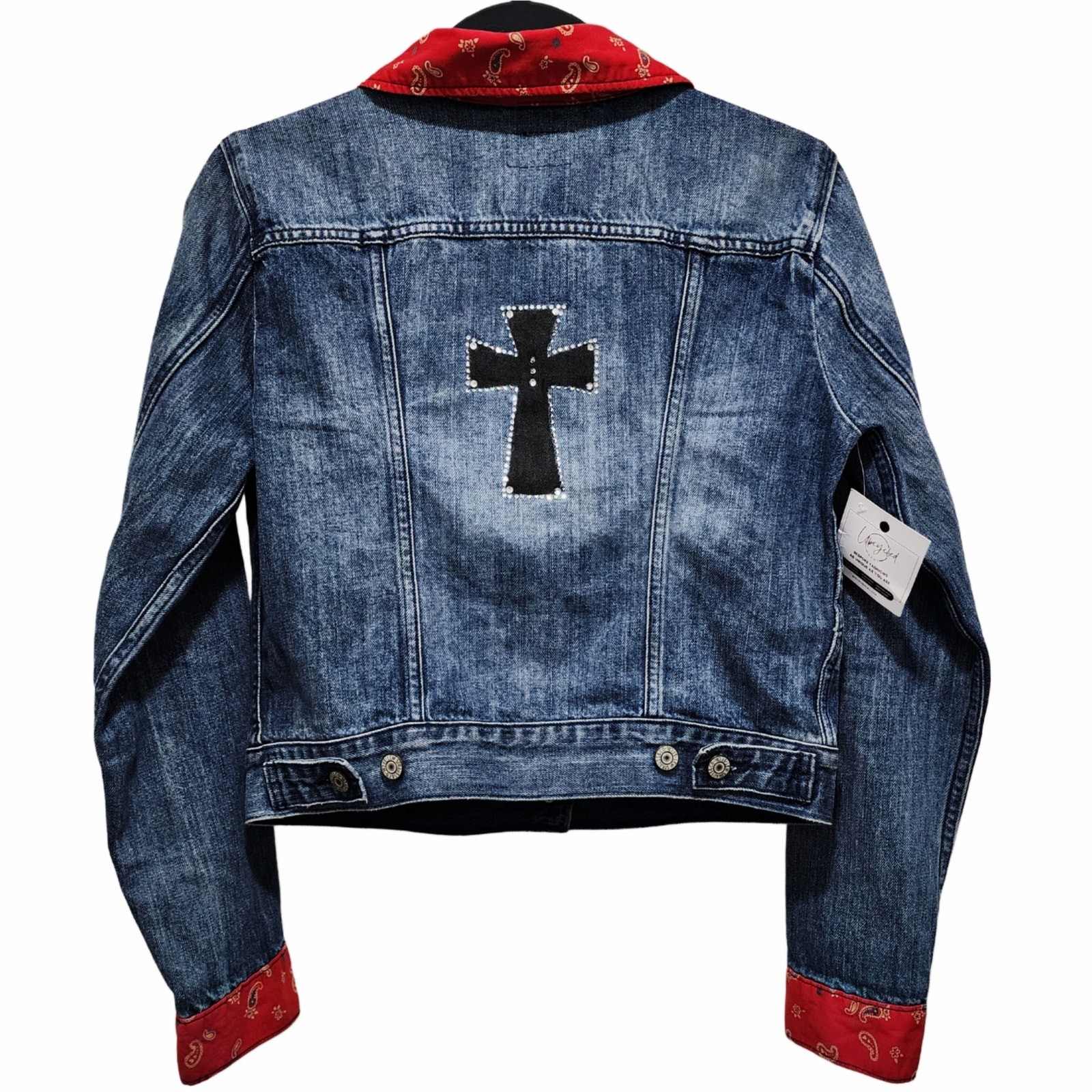 Christian Rhinestone Cross Upcycled Vintage Paisley Accent Levi's Jean Jacket M