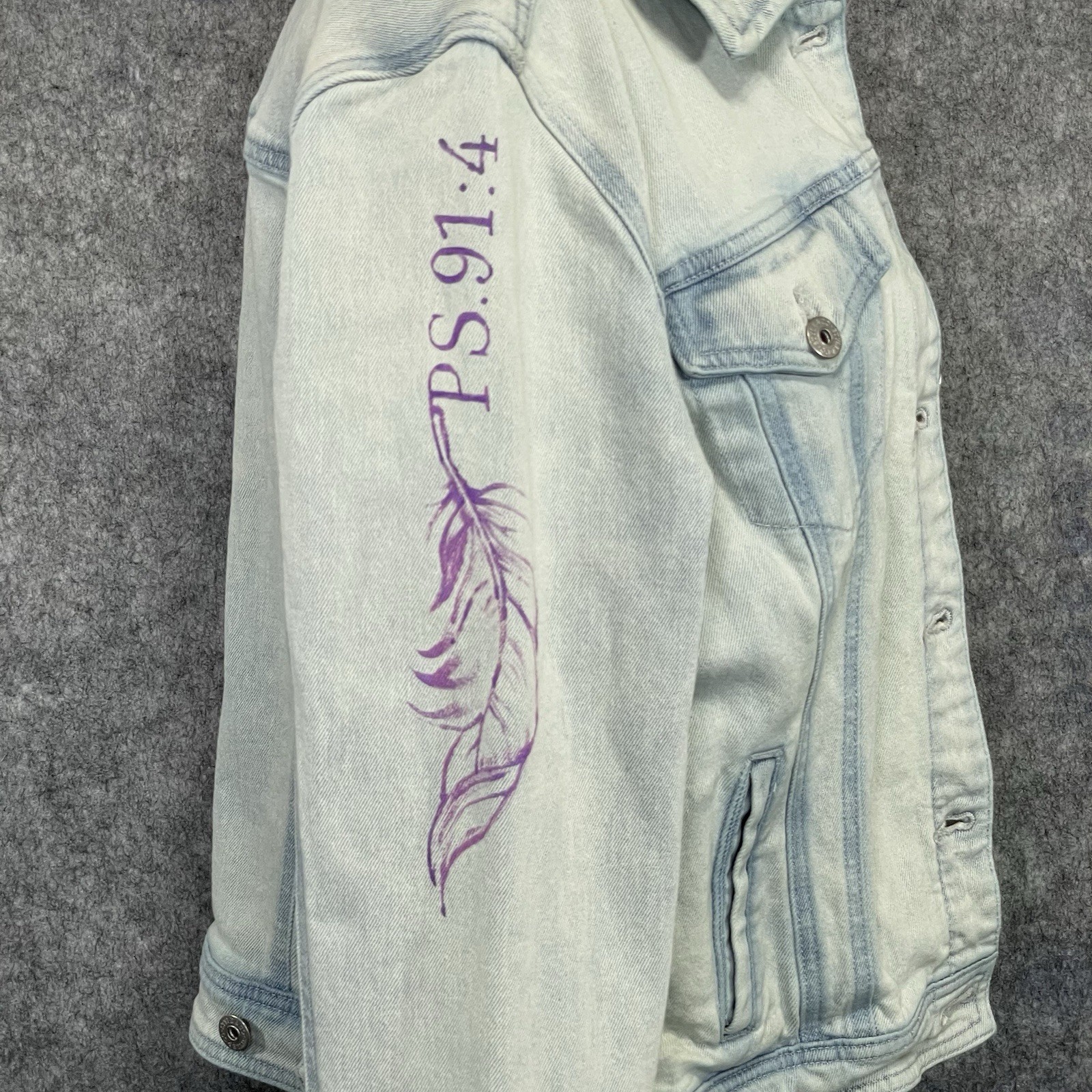 Hand-Painted Custom Denim Jacket Womens L Psalm 91:4 Christian Art Streetwear