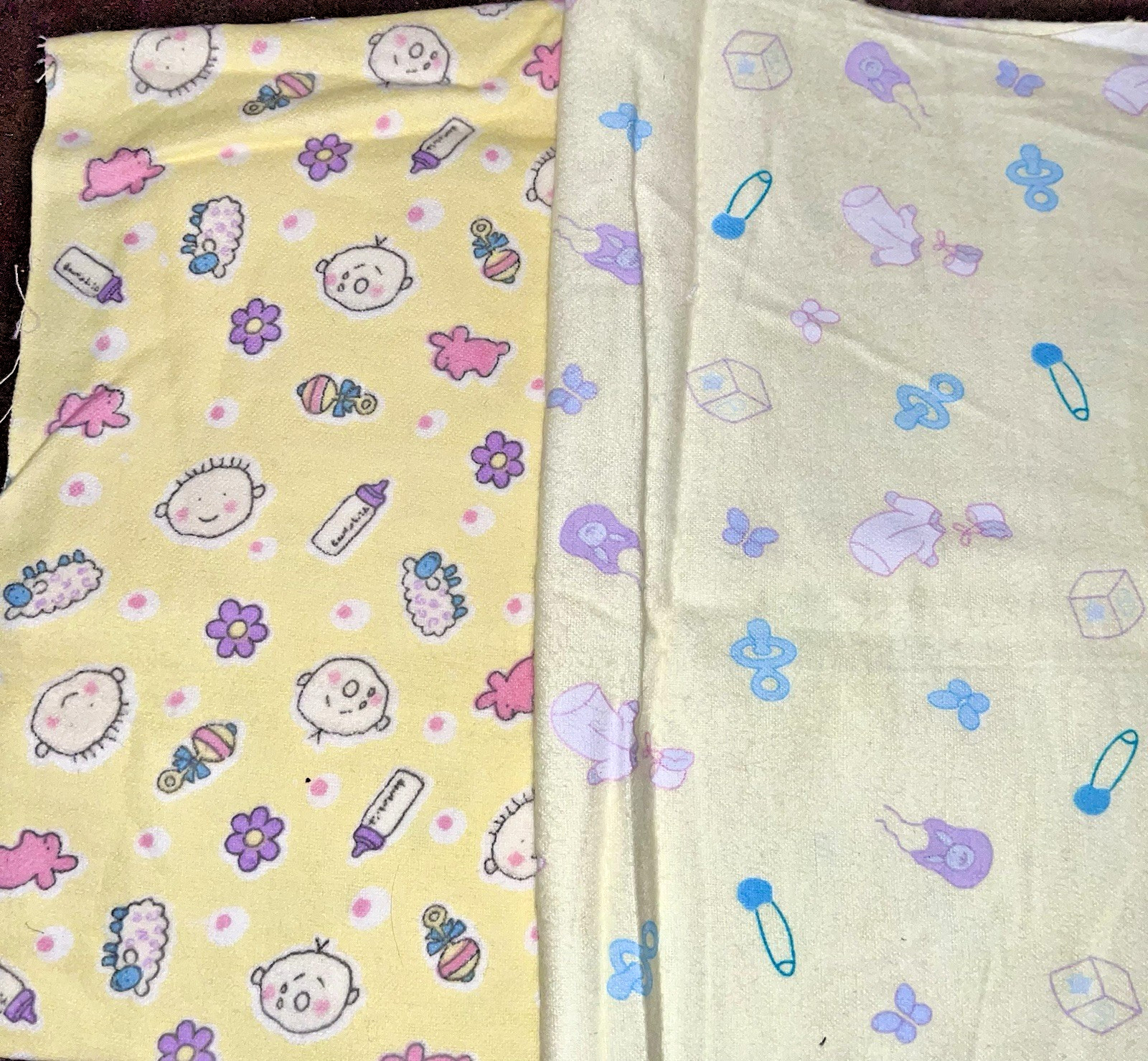 Novelty Lot of 2 Yellow Baby Items Toys Bibs Flowers etc Fuzzy Flannel Remnant
