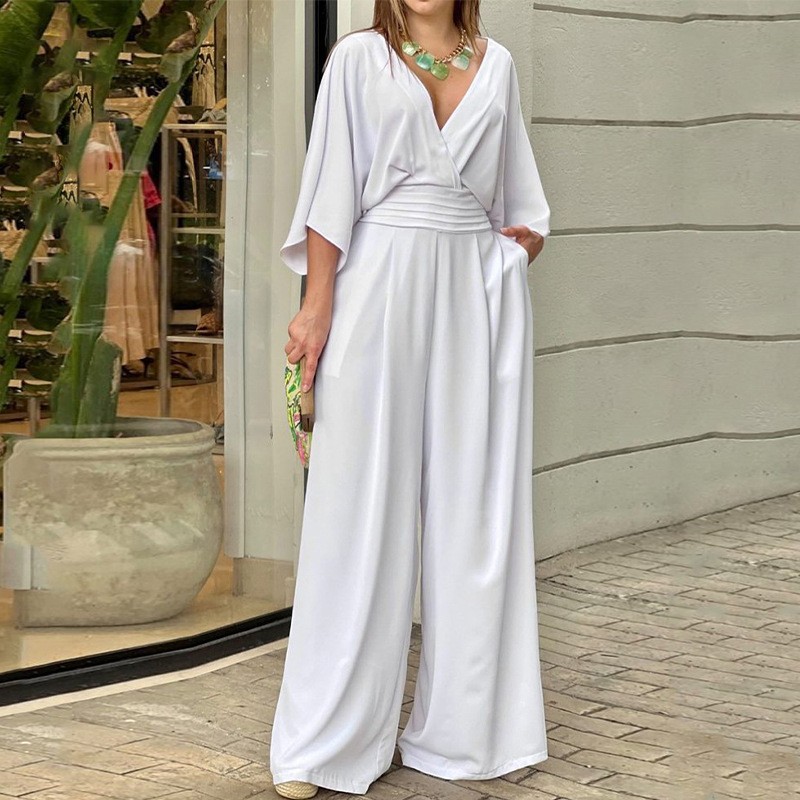 Women's Jumpsuit V-neck Solid Color Summer Trendy Fashion Short-sleeved Street C