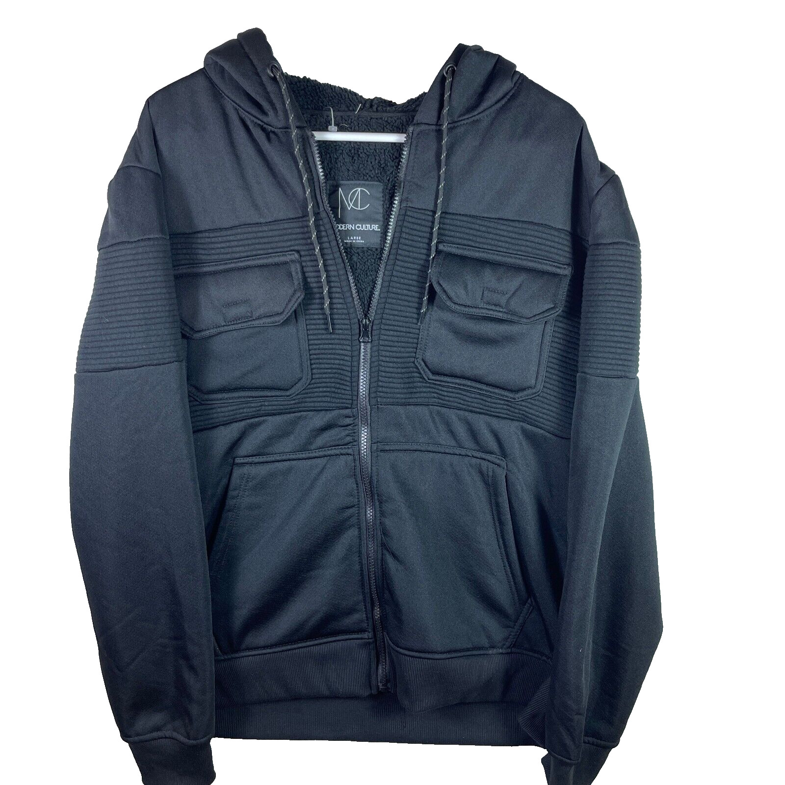 Modern Culture Sherpa Fleece Lined Hooded Jacket Black Unisex Size Large