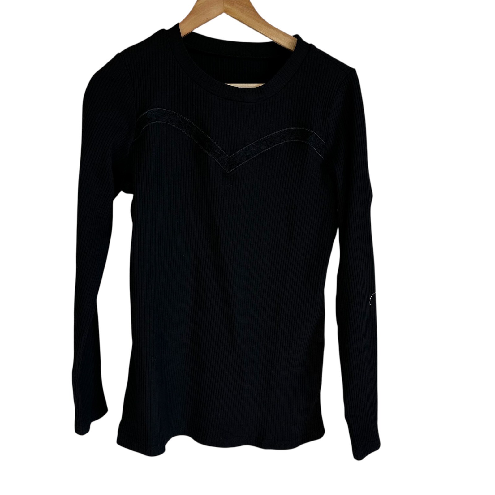 Ribbed Long Sleeve Top Lace Detail Trendy Fashion Top Size M