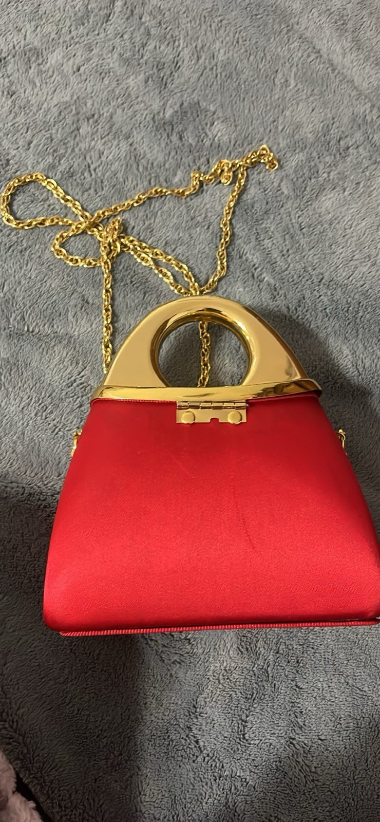 Red Small Clutch Evening Bag Gold Tone Top Handle Chain Strap Clasp Lined