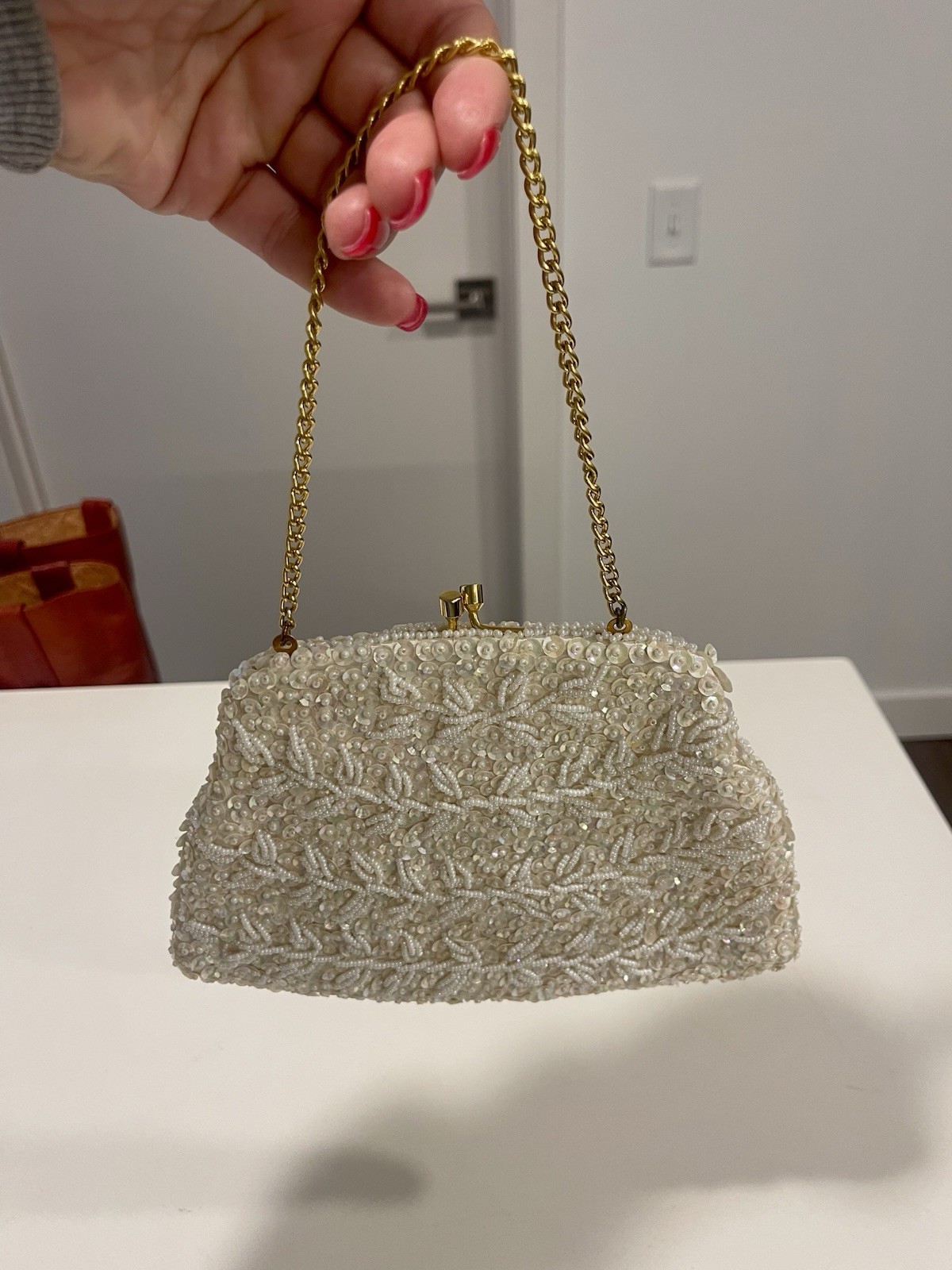 Ivory Beaded Satin Evening Bag Clutch Purse with Gold Tone Chain Strap
