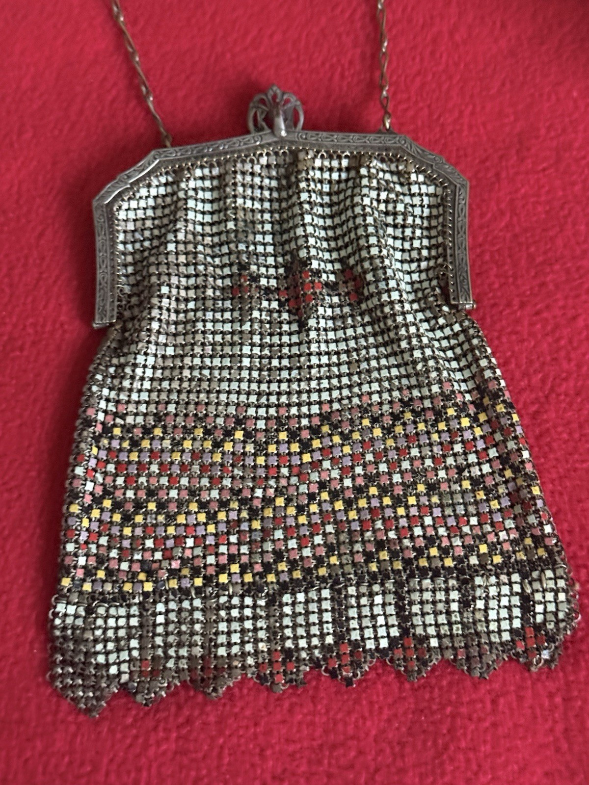 Whiting & Davis Art Deco Mesh Evening Bag Silver Tone Chain Handle Ornate Clasp