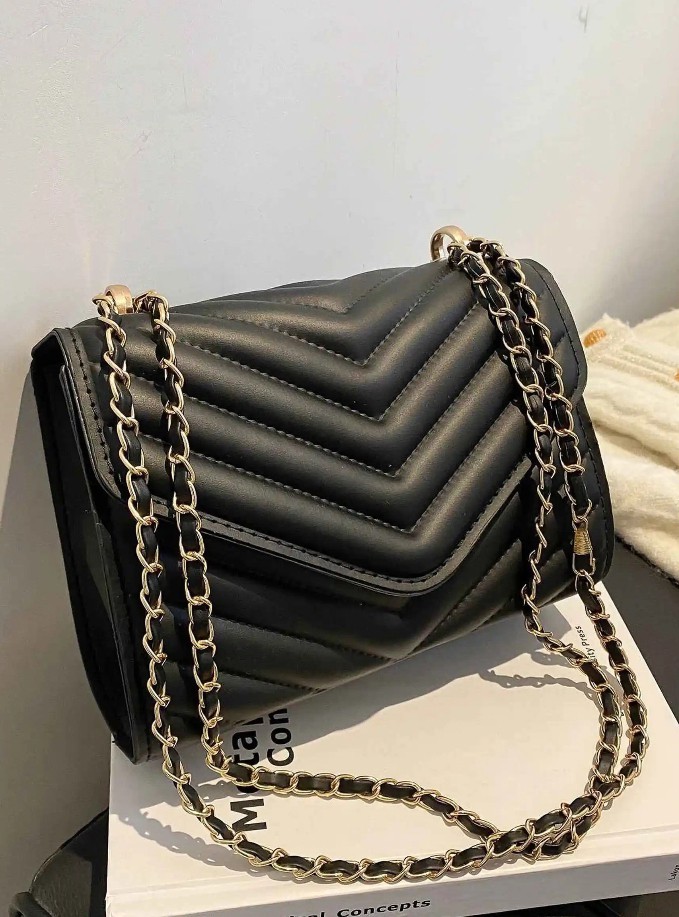 Women Black Quilted Chain Shoulder Bag Chevron Crossbody Purse Evening Clutch