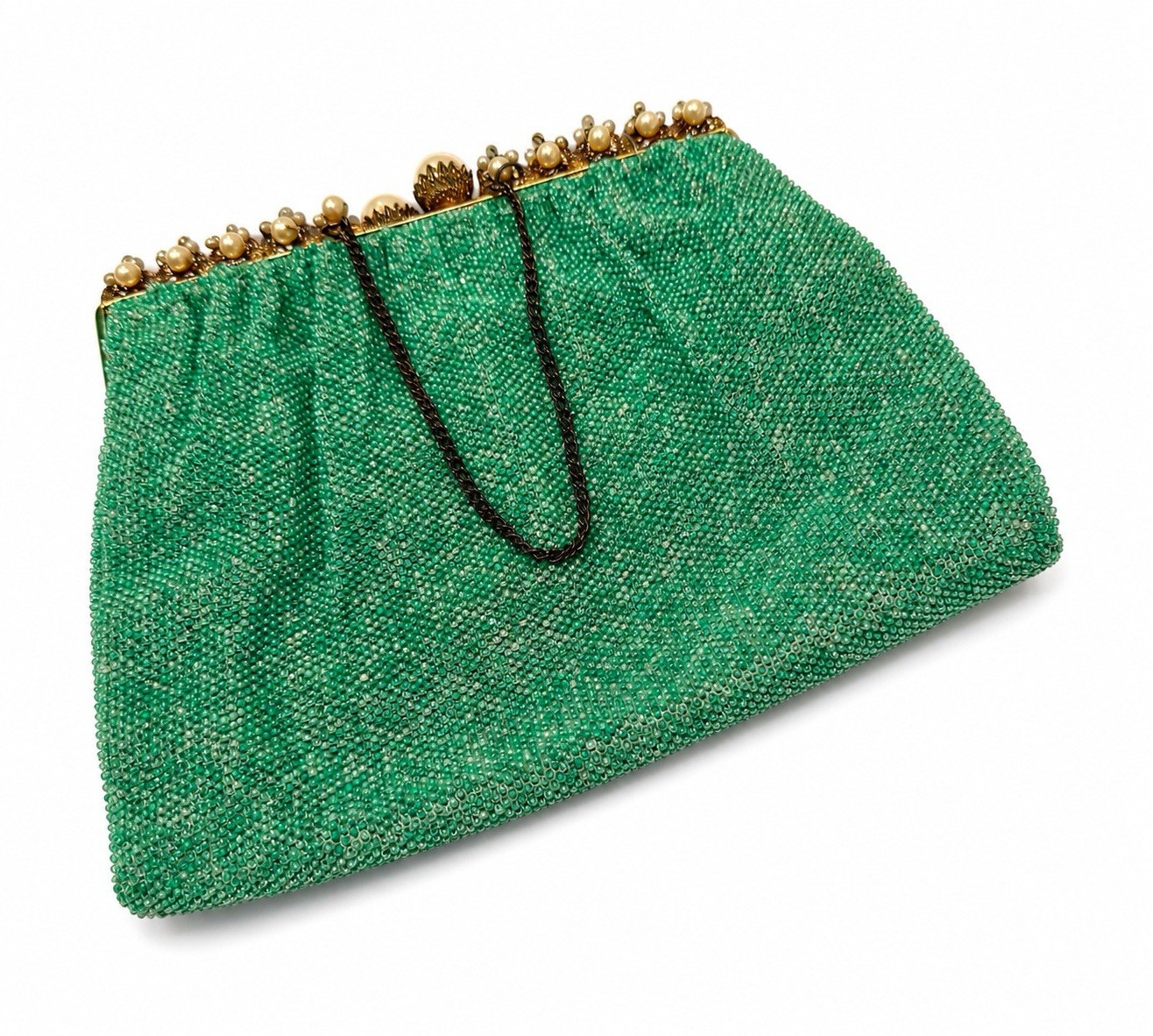 Saks Fifth Avenue France Green Beaded Evening Purse Pearl Frame Vintage, N27