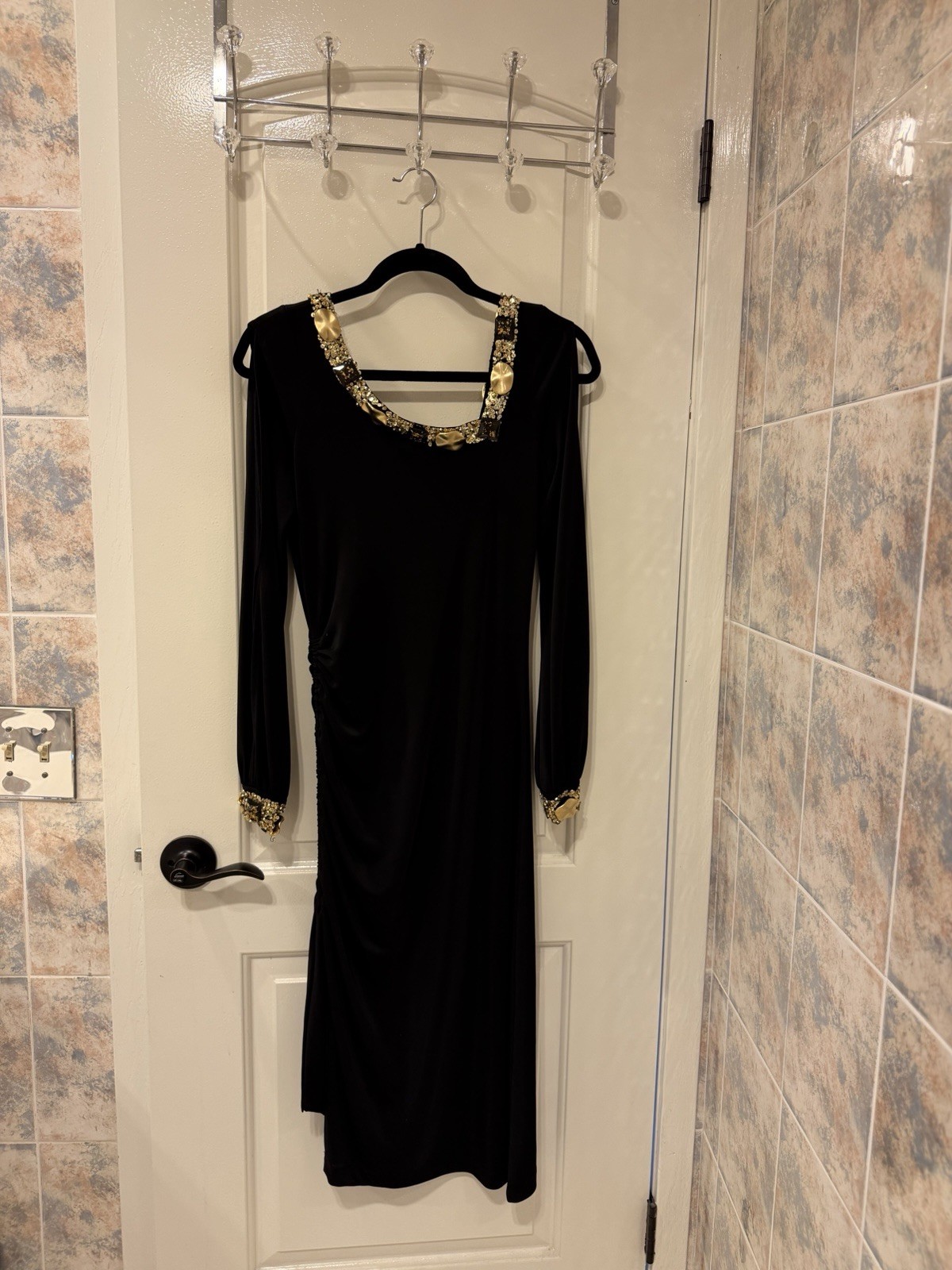 ALFABETA Black/Gold Beaded Rhinestone Long Sleeve Sheath Dress Square Neck 4
