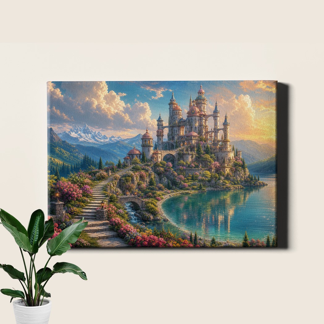 Lakeside fairytale castle Wall Art fantasy landscape with water reflections