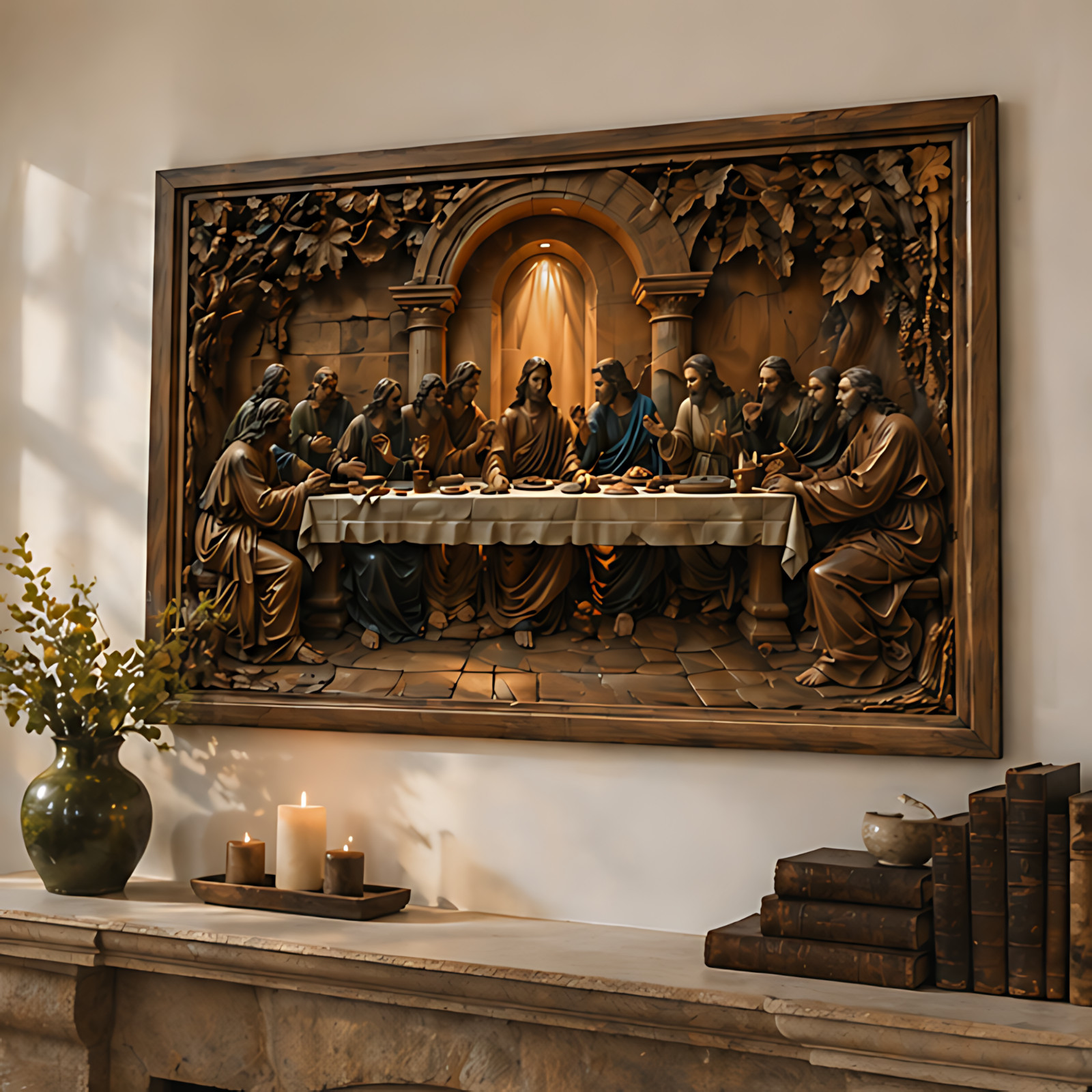 The Last Supper 3D Wood Carving Style Canvas Wall Art - Religious Decor