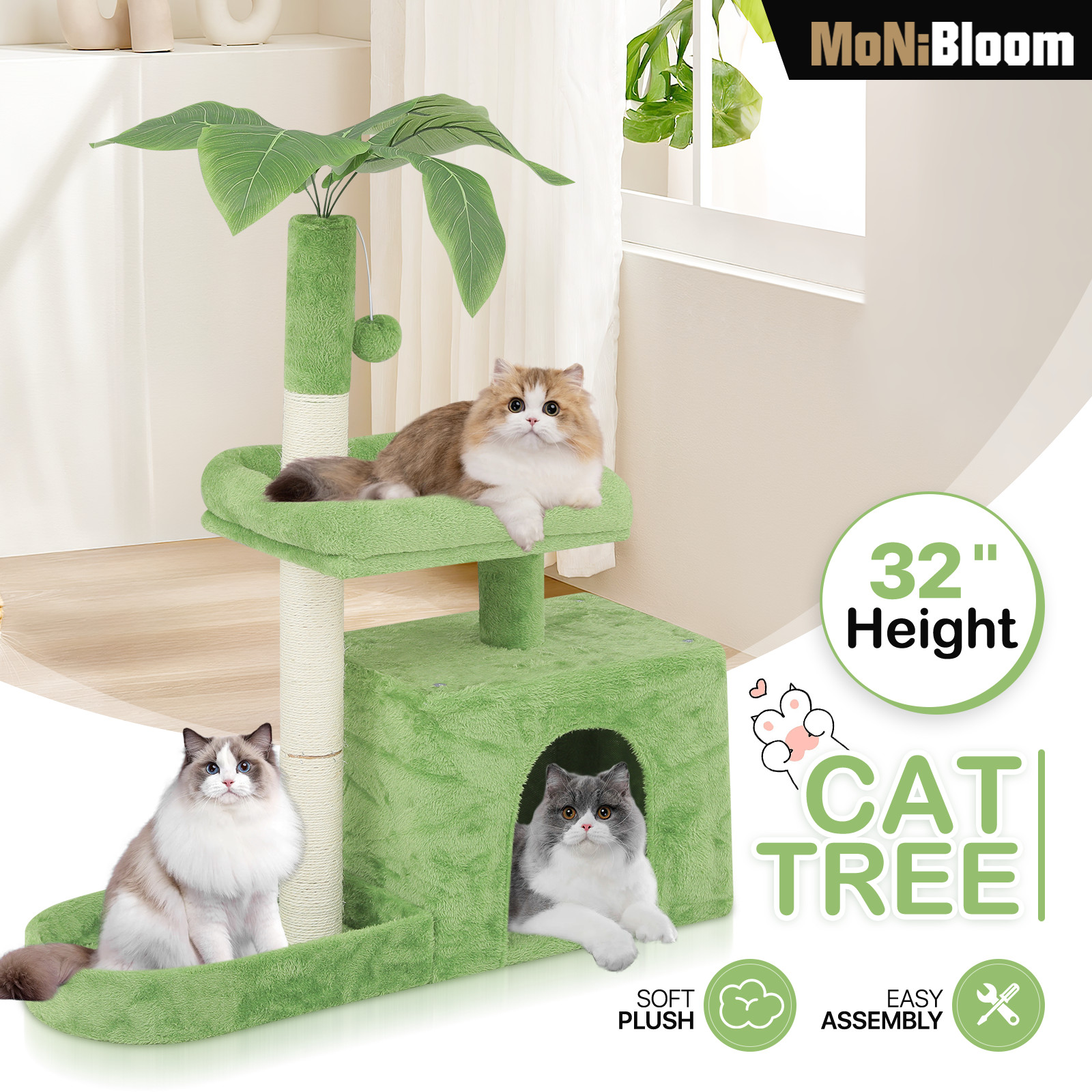 32" Cat Tree Tower Scratching Post Cat Scratcher Green-Leave Playing Condo House