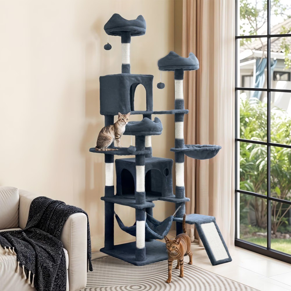75"Large Cat Tree Tower Multi Level Play Tower Condo with Sisal Ramp