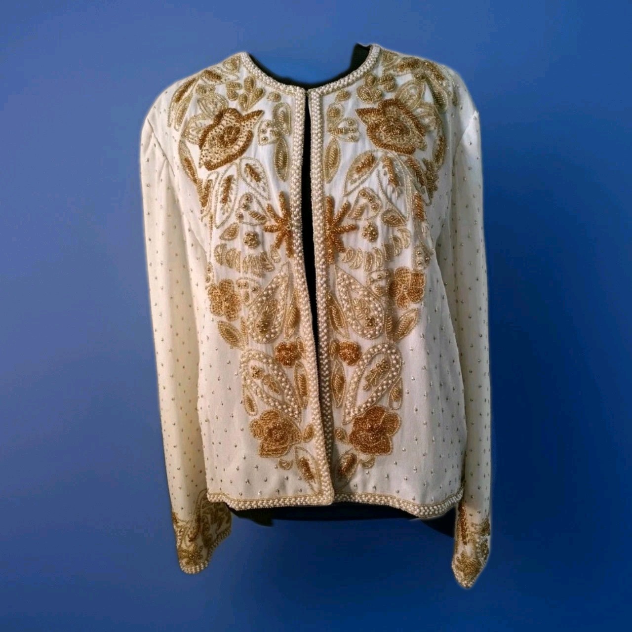 Silk Designer Vtg Evening Jacket Gold Tone Sequin Beaded By Delia Roufogali Sz M