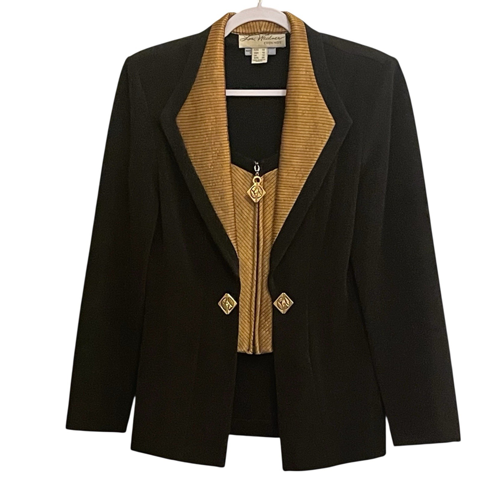 Vtg Lori Weidner Evenings Black Jacket  Bronze Lapels and  Zip Up Vest Look  10