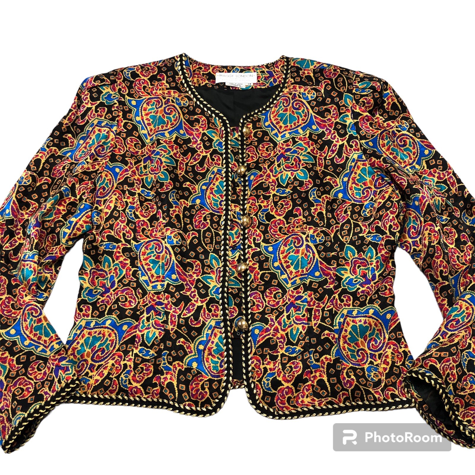 Vintage Silk Blazer Jacket Sz 14 Jewel Tone Paisley Gold Trim Evening Statement