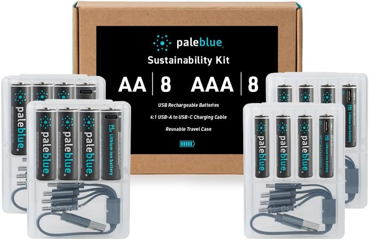 Pale Blue USB Rechargeable Smart Batteries - 16 Pack with Fast Charging Cable