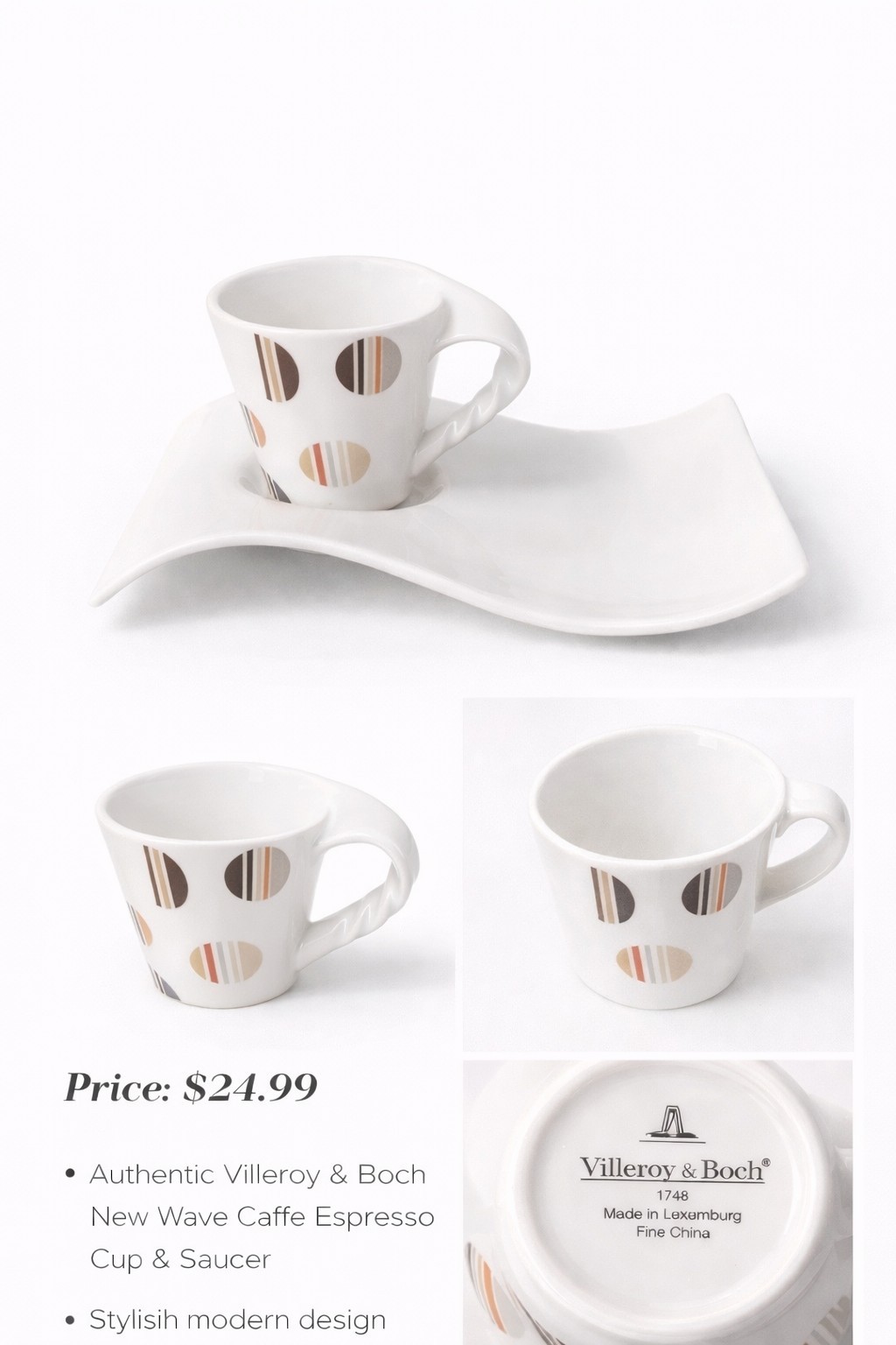 Villeroy & Boch New Wave Caffe Fine China Espresso Cup & Saucer Polka Dot Strip…