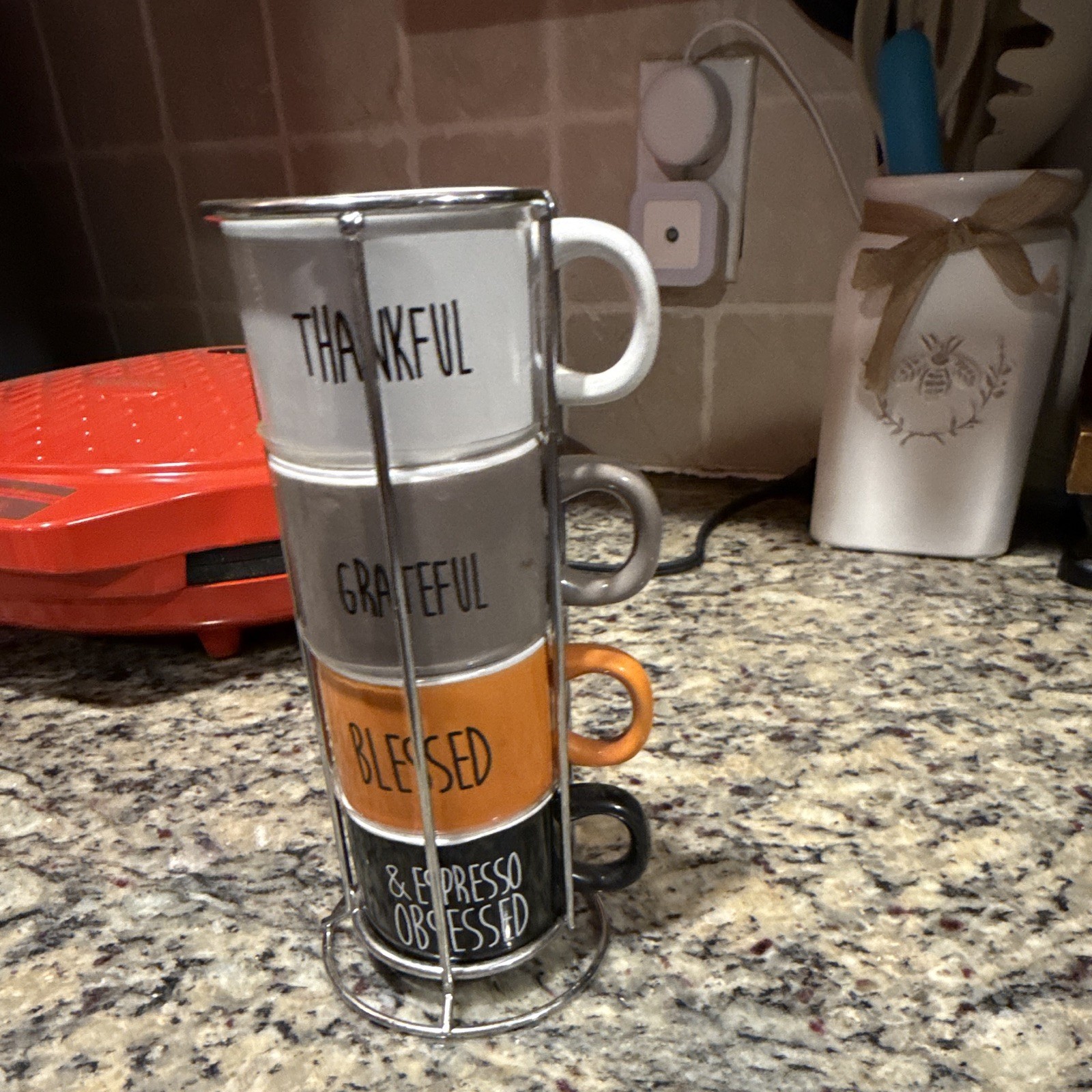 Stackable 4pc Ceramic Coffee Mug Set w/ Metal Stand 8 fl oz Thankful